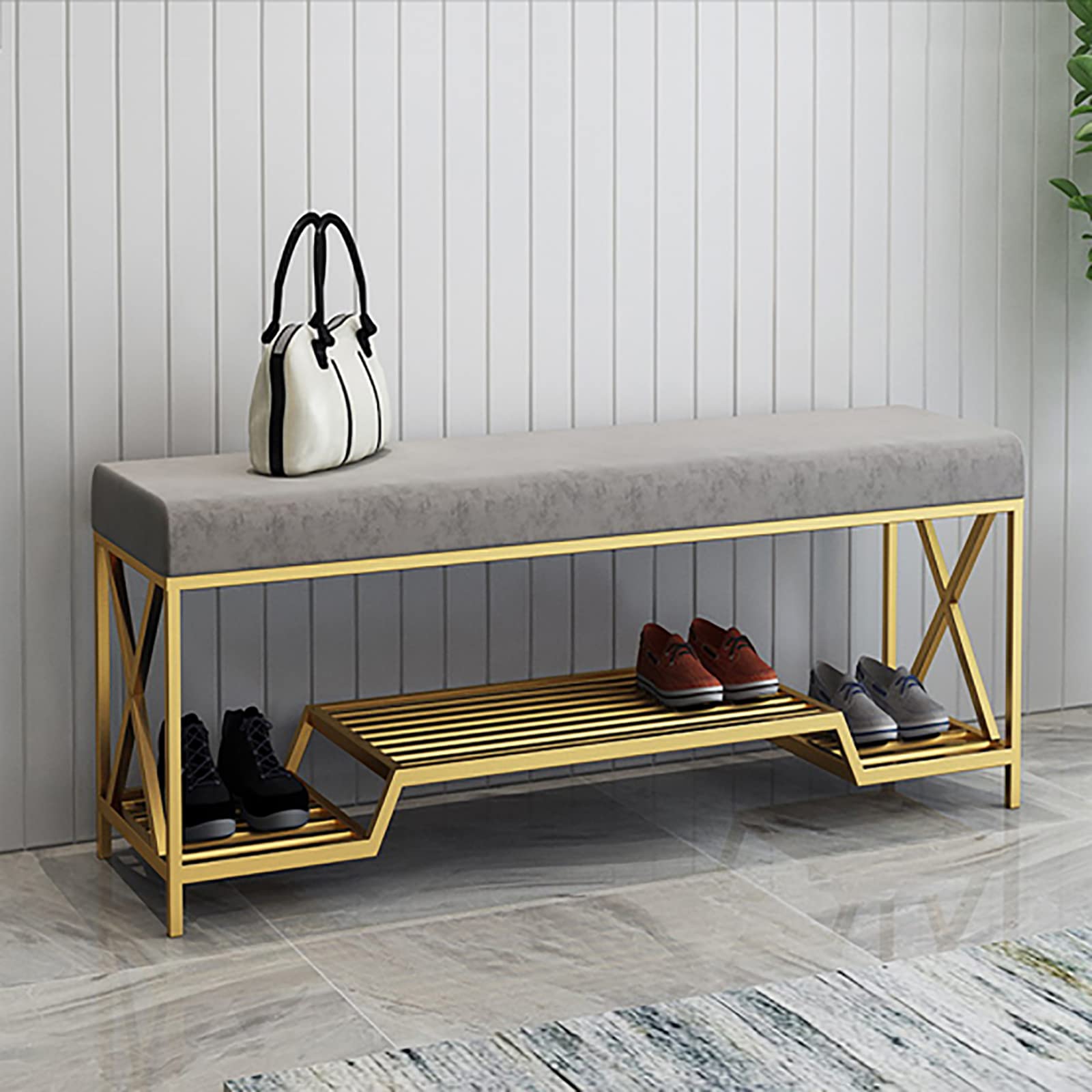Modern Entryway Bench with Shoe Storage - Velvet Upholstered Shoe Rack Organizer with Golden Shelf, Gray (80x35x45cm/31x14x18in) - Perfect for Hallway, Bedroom & Living Room Organization