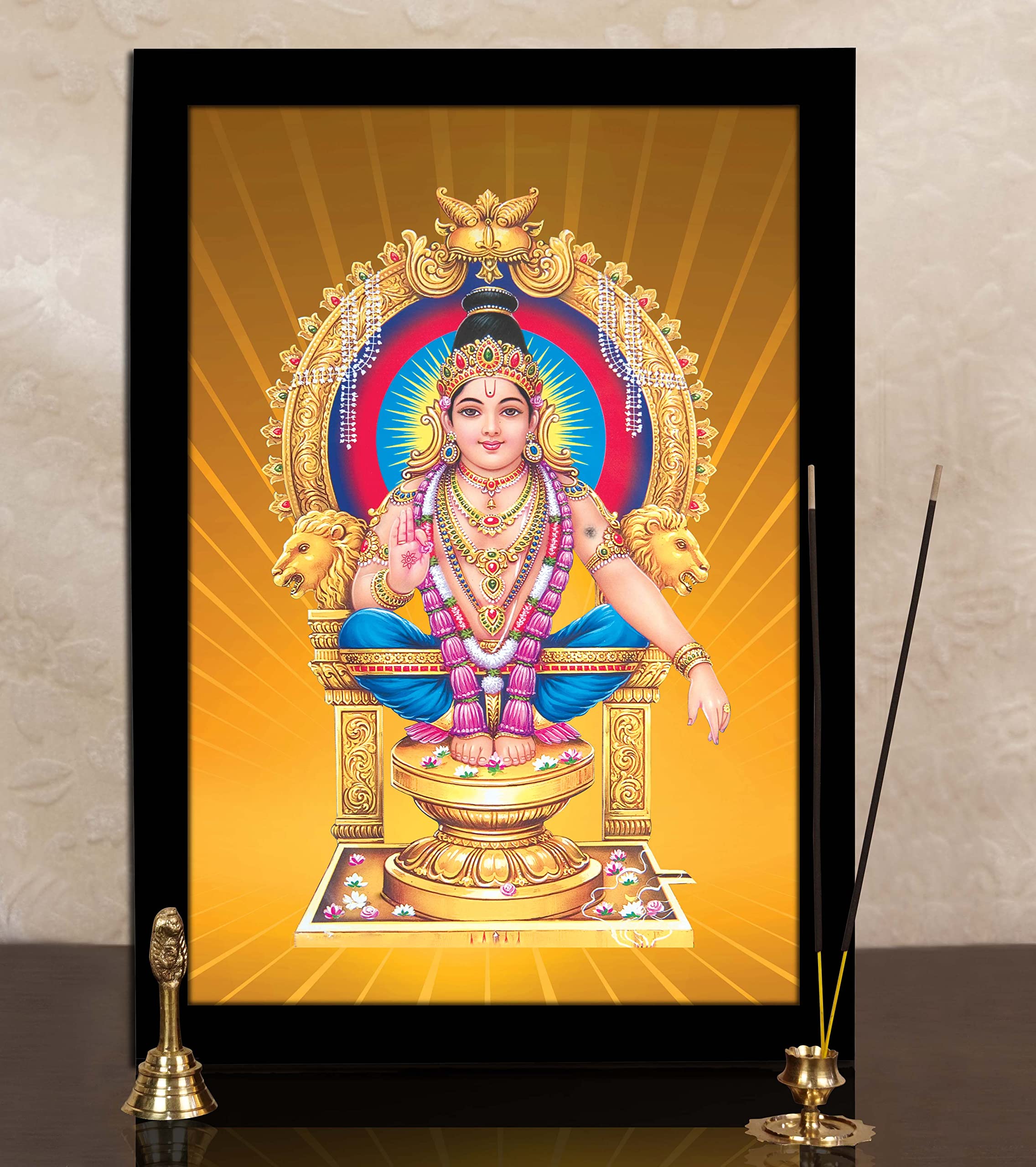 Lord Ayyappa Swamy Picture Frame - Religious Poster Wall Art with Black Frame - Hindu Deity Photo Display for Home, Office & Temple Decor - Perfect for Pooja Rooms, Altars & Spiritual Spaces
