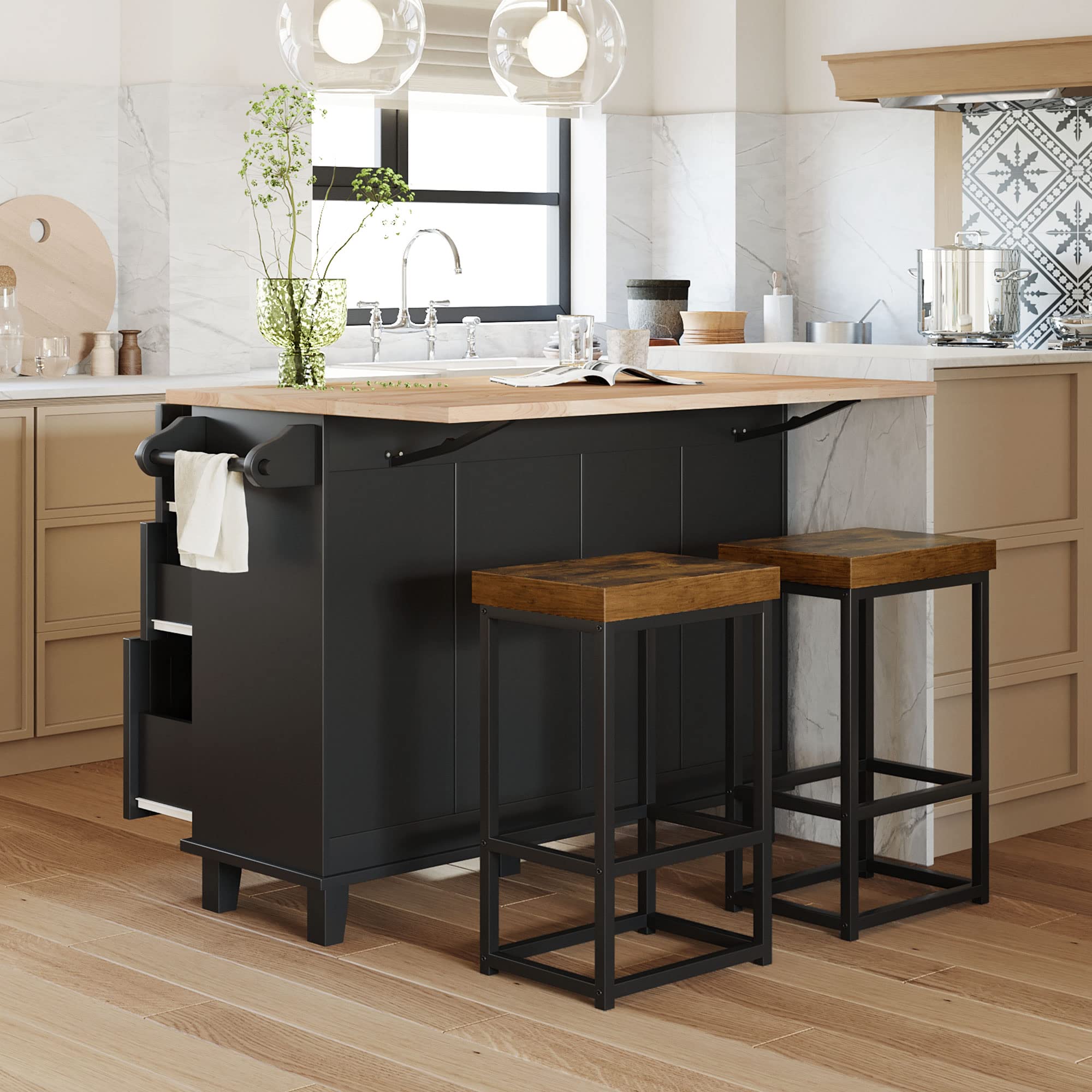 Farmhouse Kitchen Island Set with Drop Leaf & 2 Seats - Dining Table with Storage Cabinet, Drawers & Towel Rack - Rustic Kitchen & Dining Room Furniture (Black) - Perfect for Small Space Cooking, Entertaining & Extra Storage