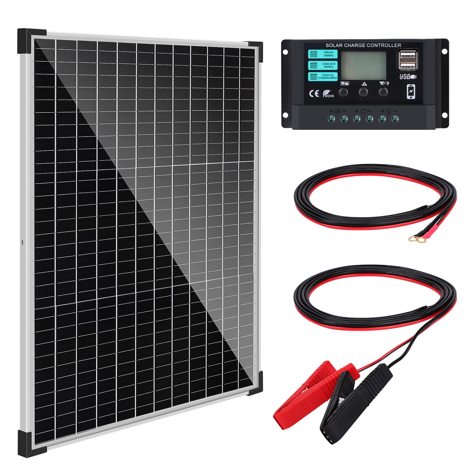 50W Monocrystalline Solar Panel Kit with 10A Charge Controller - 12V/24V Battery Charging for RV, Boat, Car Roof, Off-Grid Cabins & Outdoor Adventures | Portable Solar Power for Camping, Emergency Backup & Remote Locations