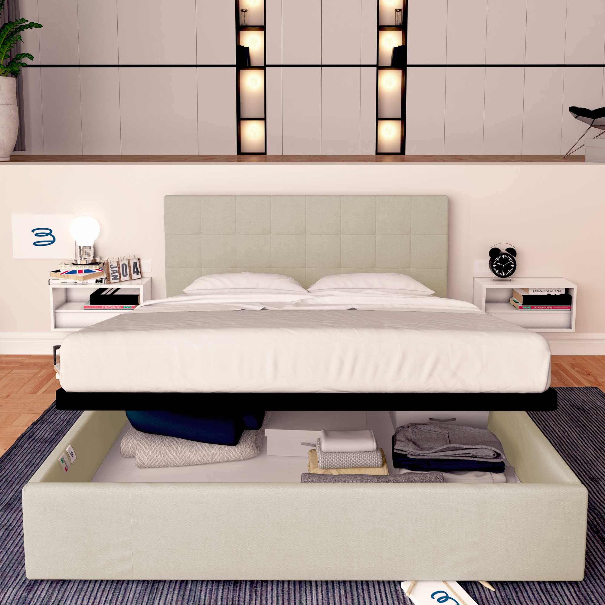 Baldiflex Single Bed with Storage - Dublin Model Synthetic Leather Upholstery, Slatted Base for Single Mattress, 180 x 190 cm, Elegant Headboard, Light Beige - Perfect for Small Bedrooms, Guest Rooms & Studio Apartments
