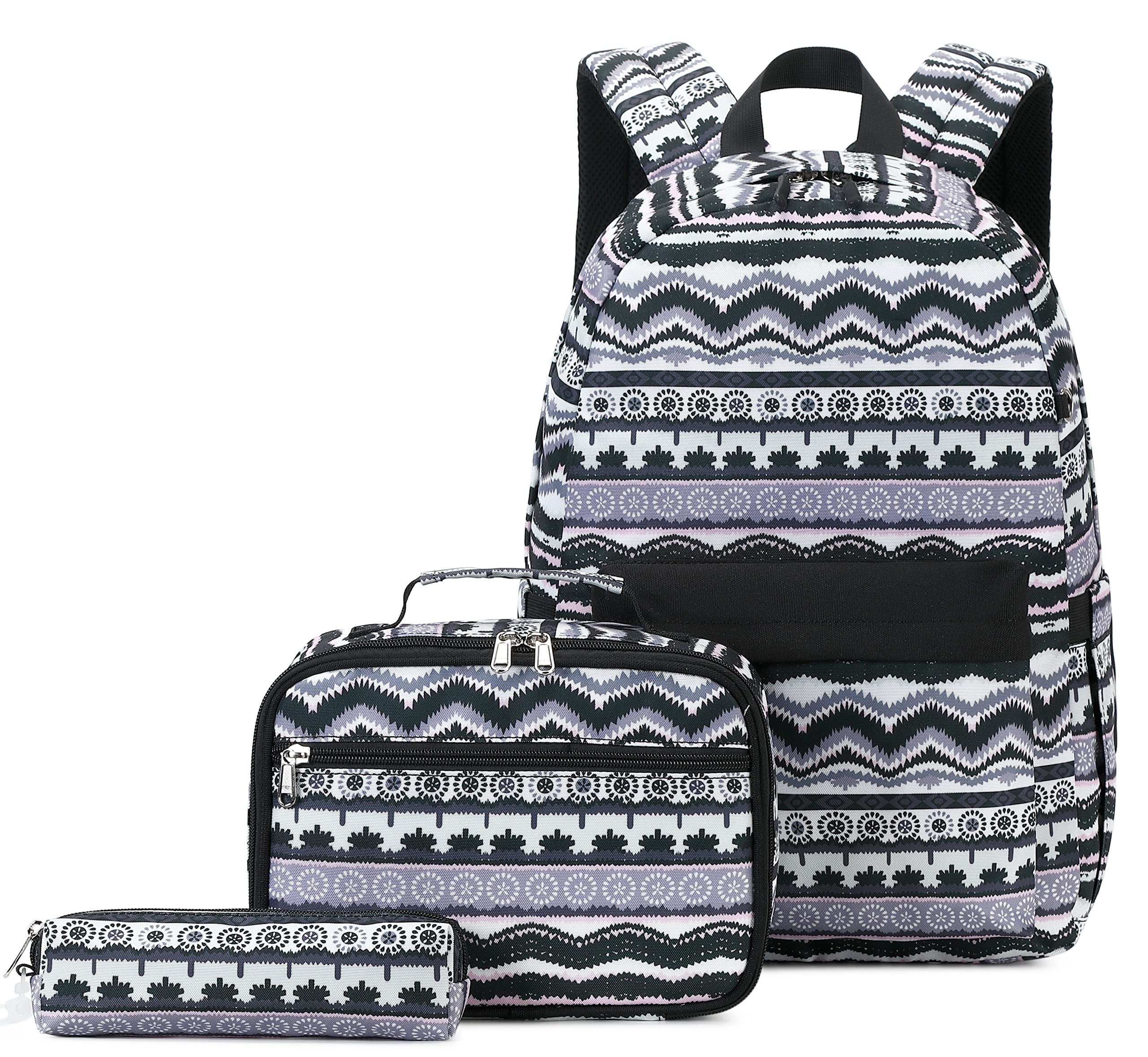 Leaper Geometric Stripe Laptop Backpack with Lunch Bag & Pencil Case Set (Black-2116-3) - Perfect for School, Work & Travel Accessories Organization