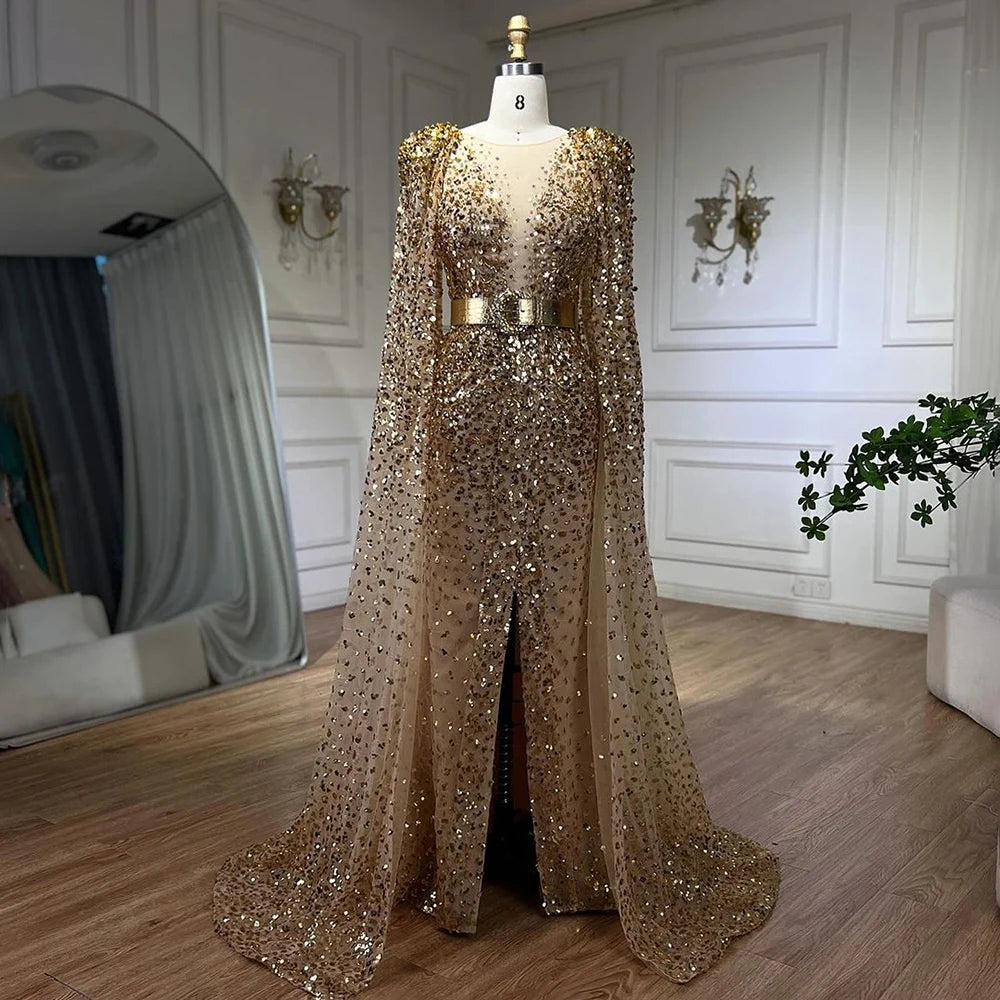 Serene Hill Nude Mermaid Evening Gown with Luxury Cape Sleeves - Beaded Elegant Backless Dress for Women's Party 2025 LA71561 | Perfect for Prom, Gala, Red Carpet & Formal Events