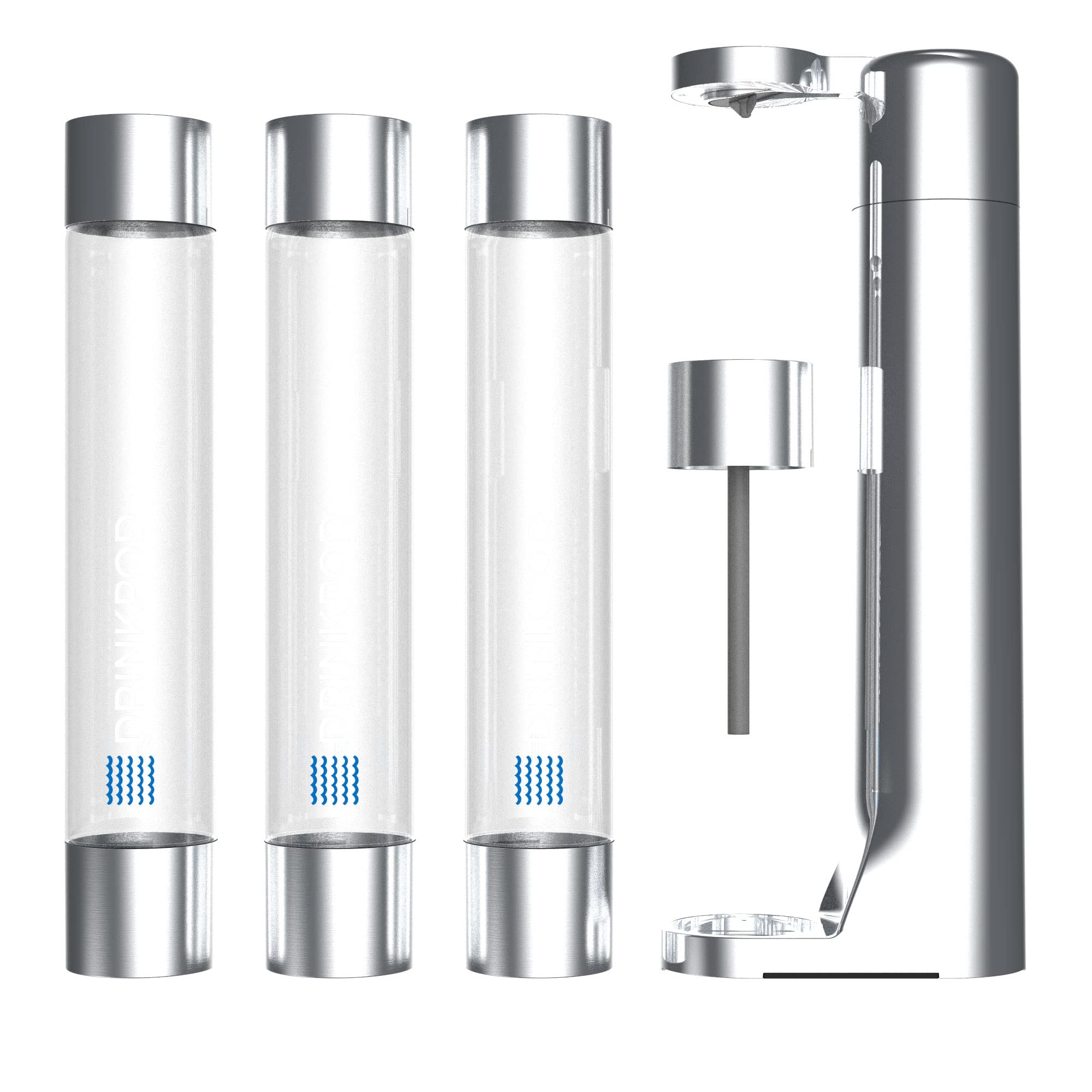 Fizzpod Soda Maker Machine - Home Carbonation System for Sparkling Water, Soda & Fizzy Drinks with 3 PET Bottles, 3 Caps & Carbonator Cap - Perfect for Coffee, Tea, Cocktails & Fruit Infusions (Chrome + 2 Green Brushes) | Great for Parties, Home Bars & Healthy Hydration