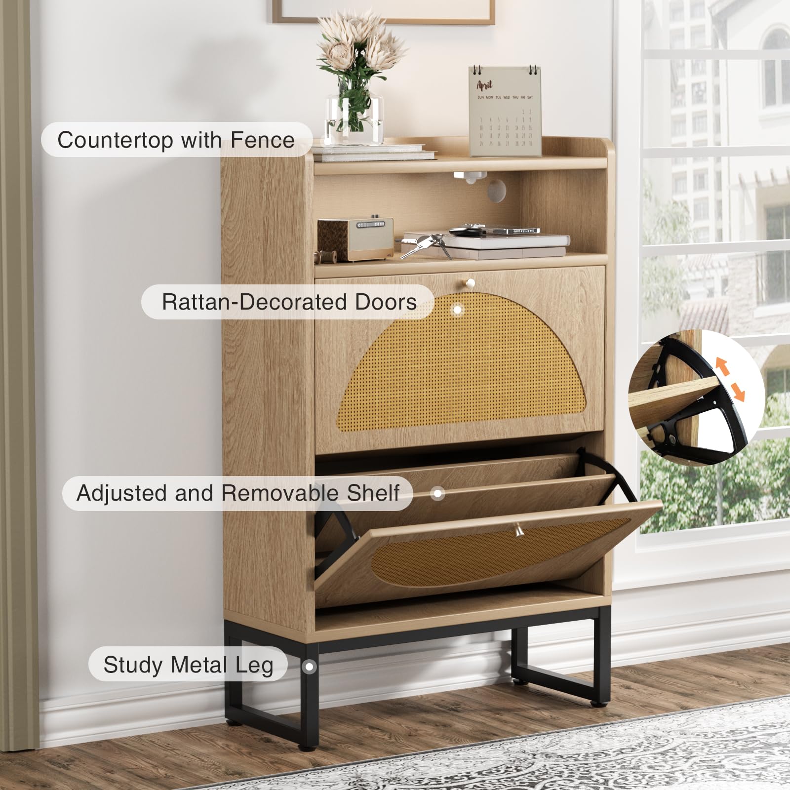 Rattan Shoe Storage Cabinet with 2 Flip Drawers & Sensor Light - Slim Entryway Shoe Organizer with Metal Frame for Hallway, Living Room, or Bedroom - Beige (Natural) Hidden Shoe Cabinet for Small Spaces