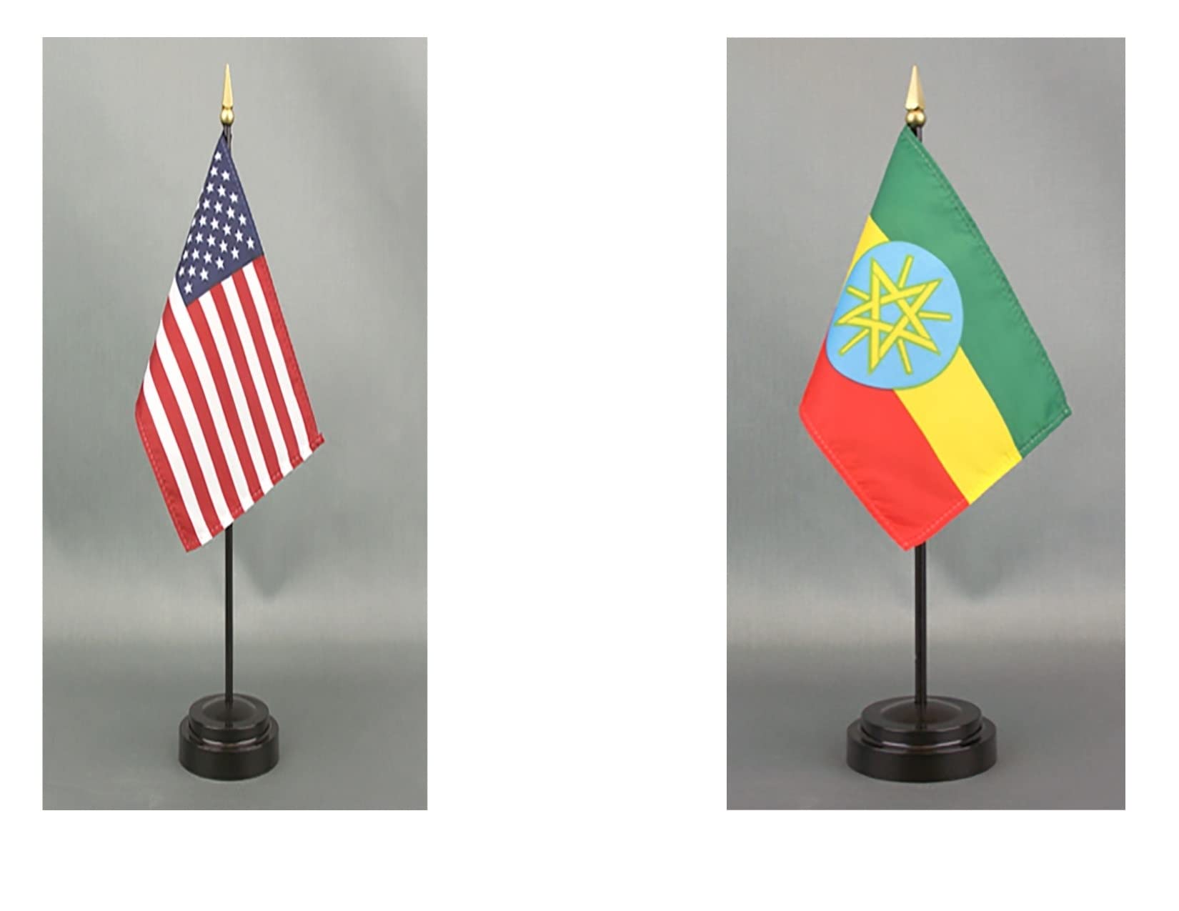 Ethiopia 4x6 Inch Desk Flag Set - American Made Rayon Office & Hand Waving Table Flags with Stands (USA & Ethiopia Flags) - Perfect for Office Decor, International Events, and Patriotic Displays