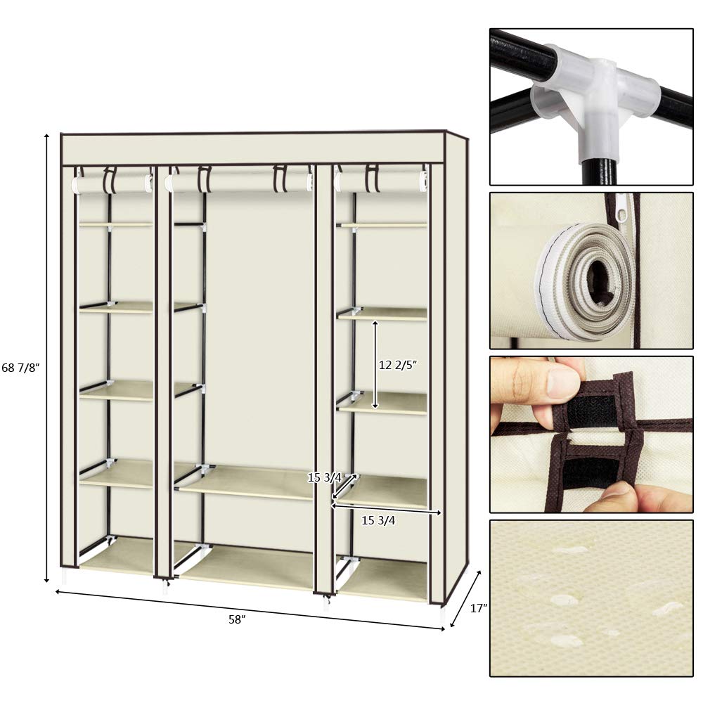 69 Inch Portable Clothes Closet Wardrobe Organizer - Non-Woven Fabric with 12 Storage Shelves - Quick Assembly for Bedroom, Closet, Dorm Room & Small Space Storage Solution