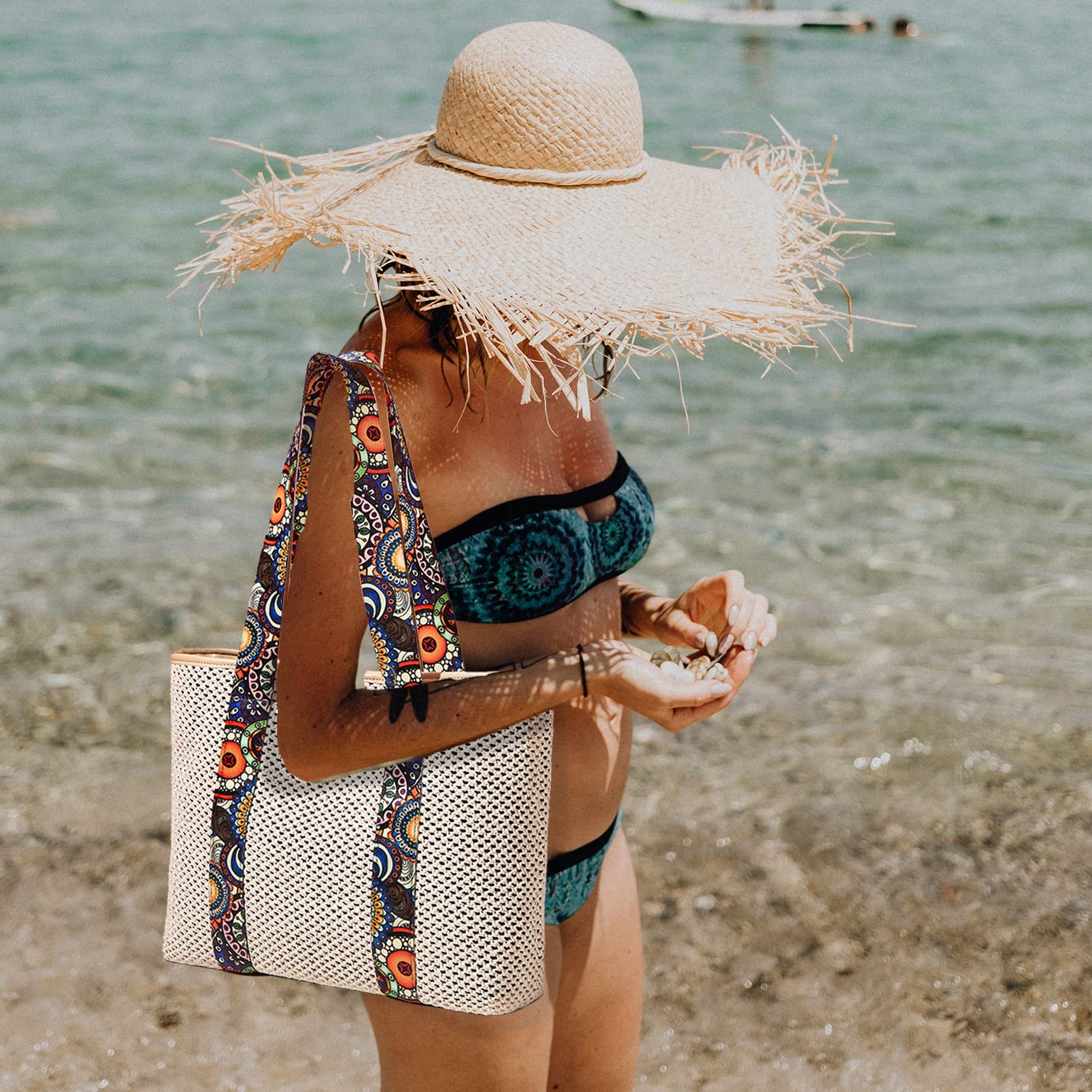 Stylish Straw Beach Bag for Women - Handmade Woven Rattan Tote with Canvas Shoulder Strap | Perfect for Vacation, Summer Outings & Poolside Relaxation