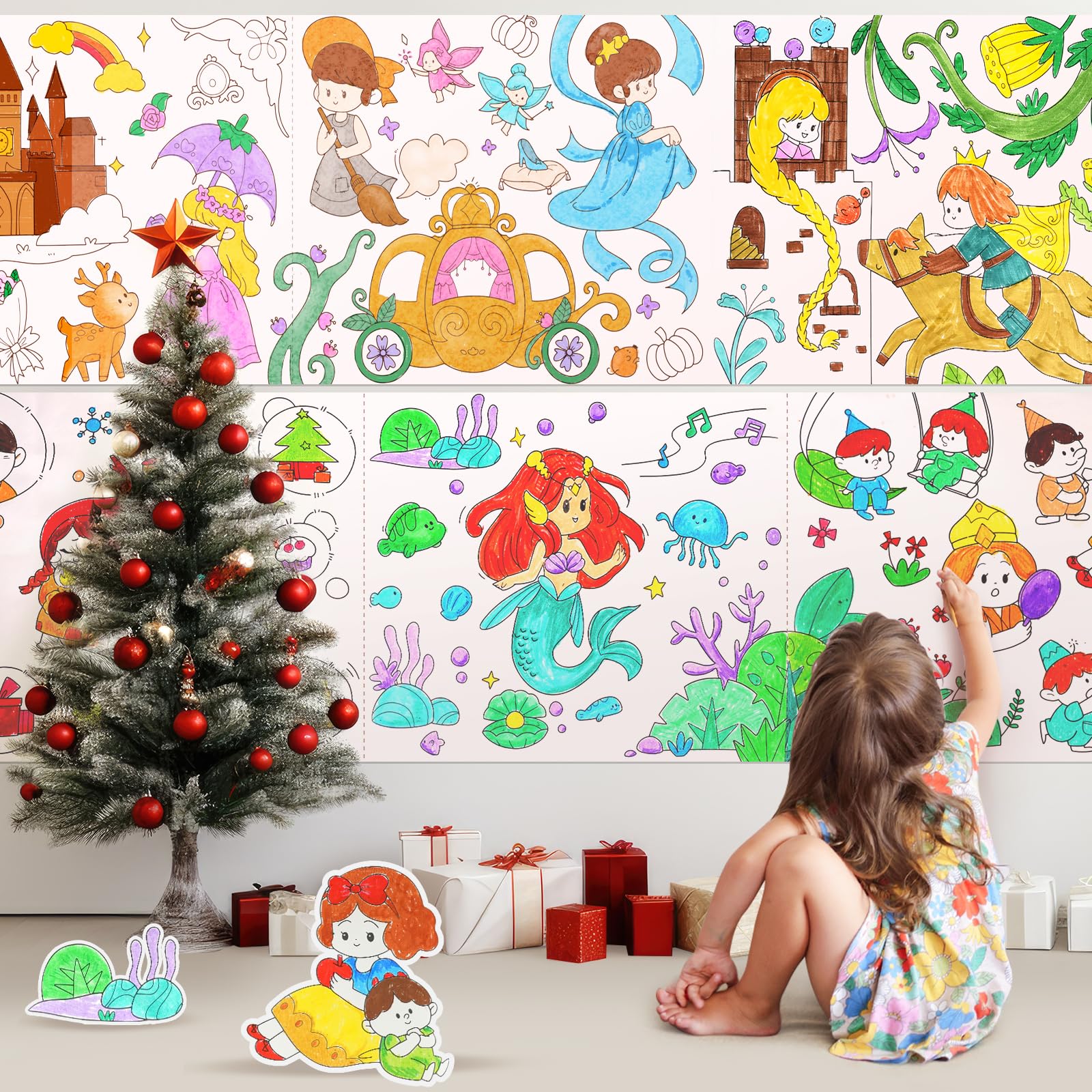 Mermaid Coloring Roll for Kids - No Mess Sticky Coloring Poster (118x15.74 Inches) | Large Coloring Tablecloth & Drawing Paper | Perfect Gift for Birthday Parties, Home Activities & Classroom Use