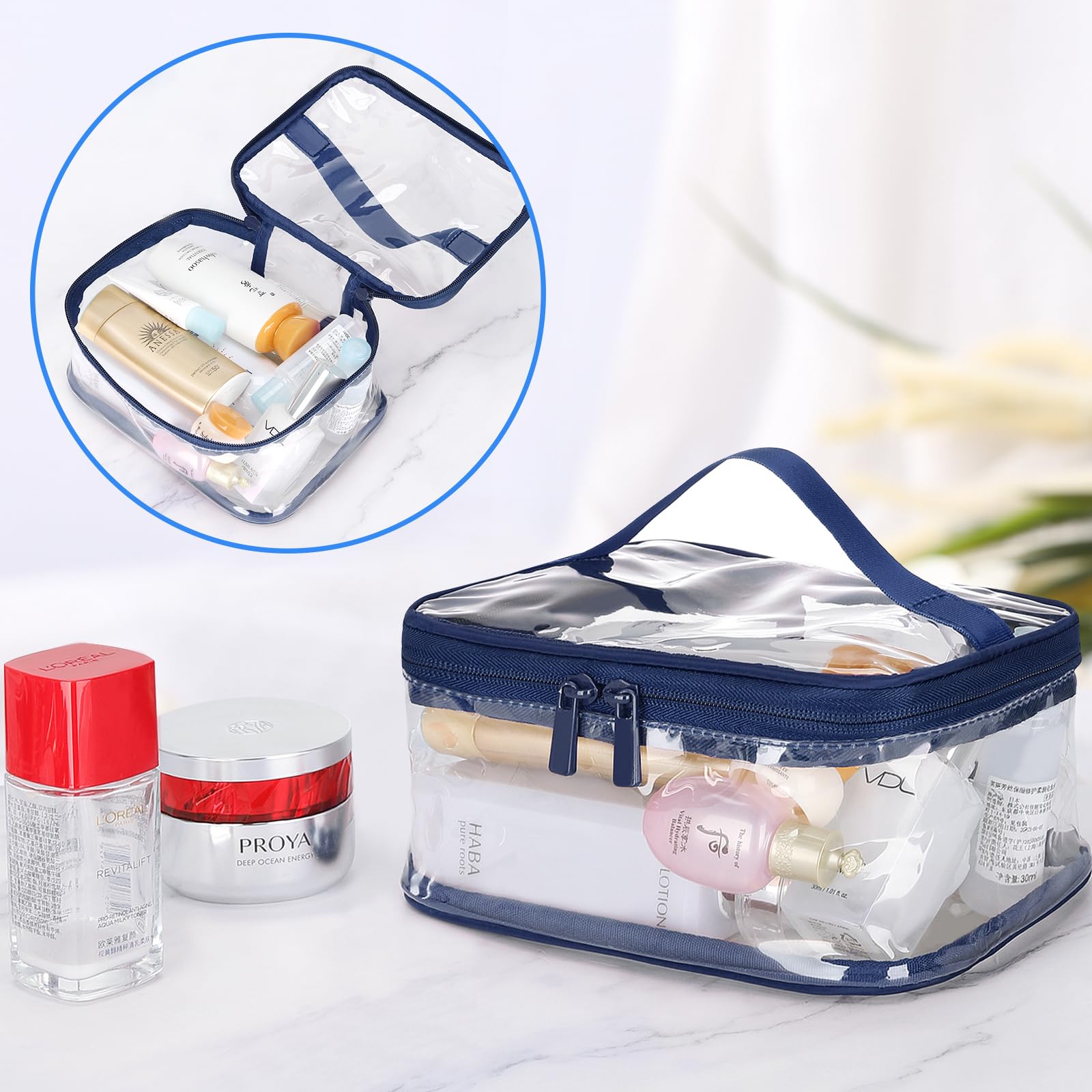 2 Pack Clear Makeup Bags for Travel - TSA Approved Waterproof Transparent Toiletry Organizer for Cosmetics | Perfect for Airplane Carry-On, Gym Essentials & Vacation Packing (Blue)
