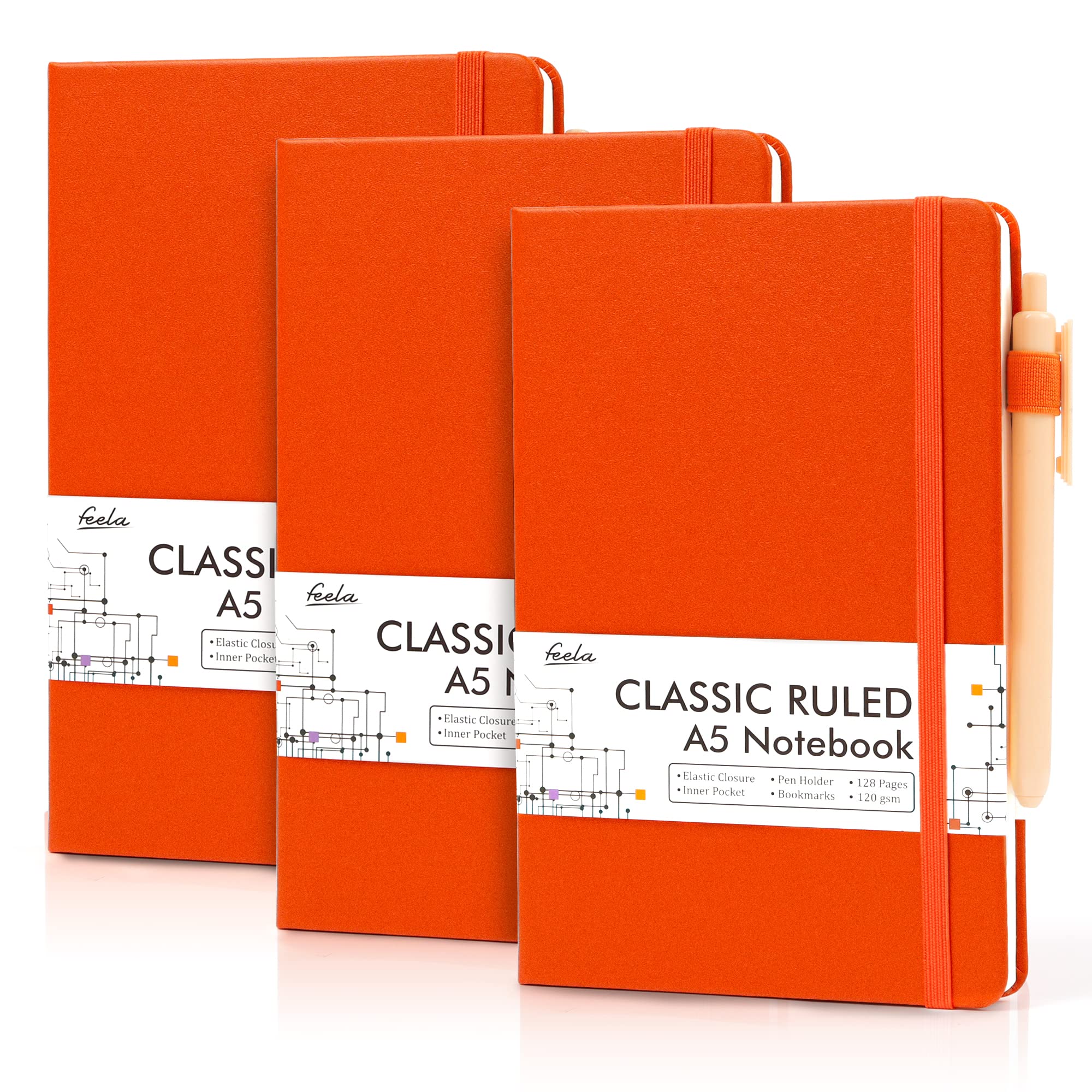 Premium 3-Pack A5 Hardcover Notebooks with 3 Black Pens - Classic Ruled Lined Journals for Work, Business & Note Taking | 120 GSM Thick Paper | 5.1”x8.3” Orange | Includes Pen Holder - Perfect for Office, School & Daily Journaling