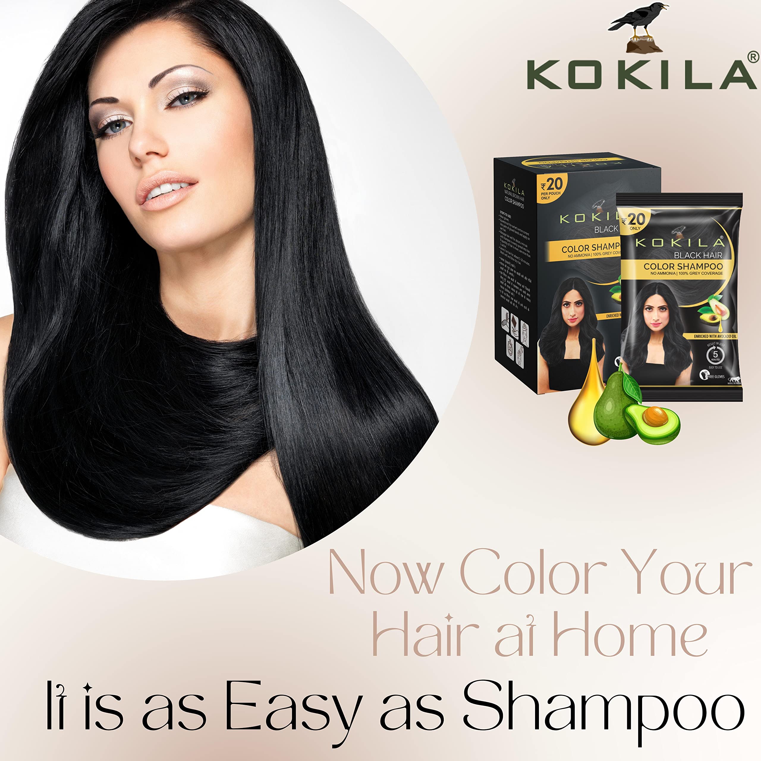 Kokila Unisex Instant Hair Color Shampoo with Almond Oil - 5 Minute Long-Lasting Black Hair Dye (10 Pack, 15ML Each) - Perfect for Quick Touch-Ups, Gray Coverage & At-Home Hair Coloring