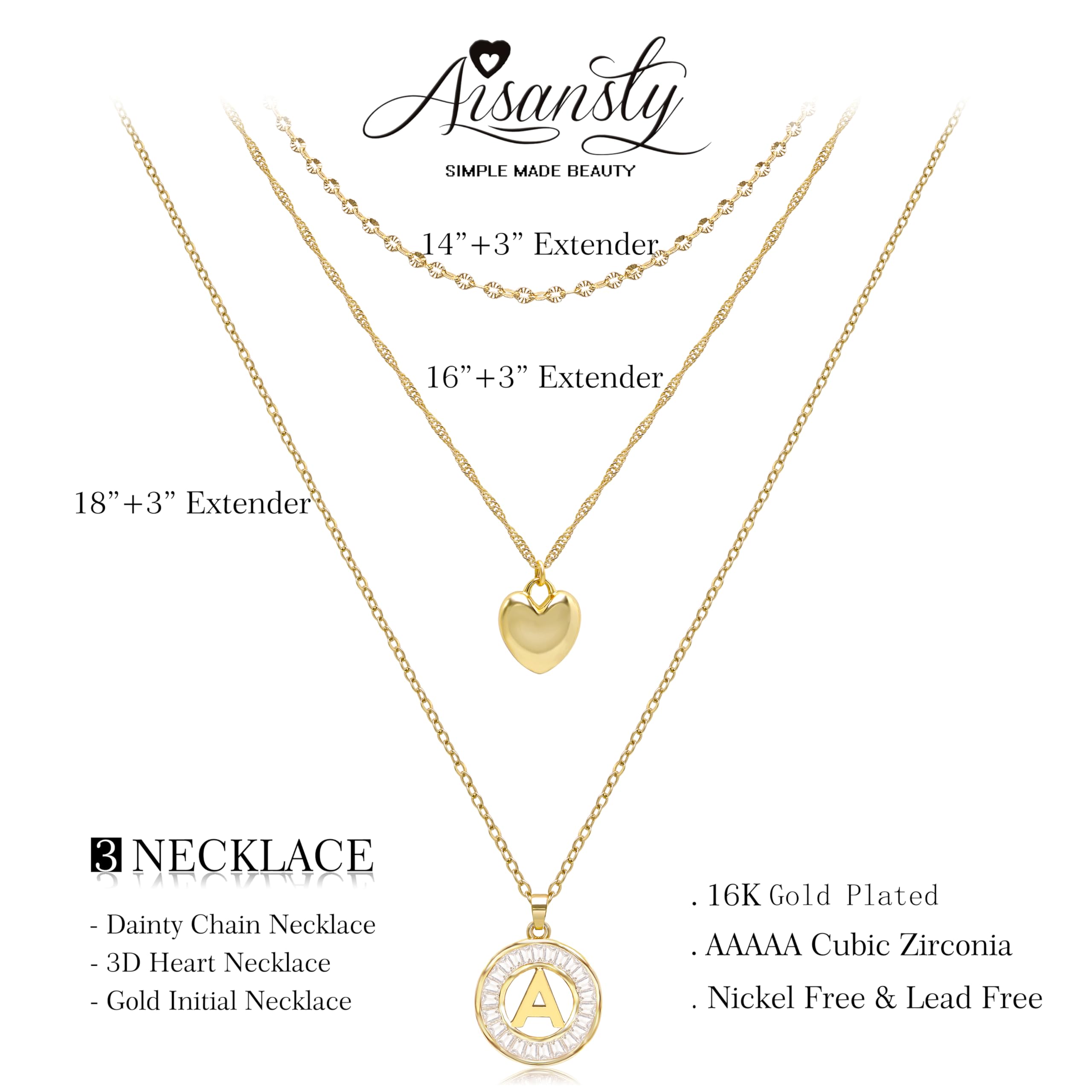 16K Gold Plated Layered Initial Necklace for Women - Dainty Heart Pendant with CZ Diamond, Trendy Choker & Layered Necklace | Perfect for Everyday Wear, Gift Giving & Special Occasions