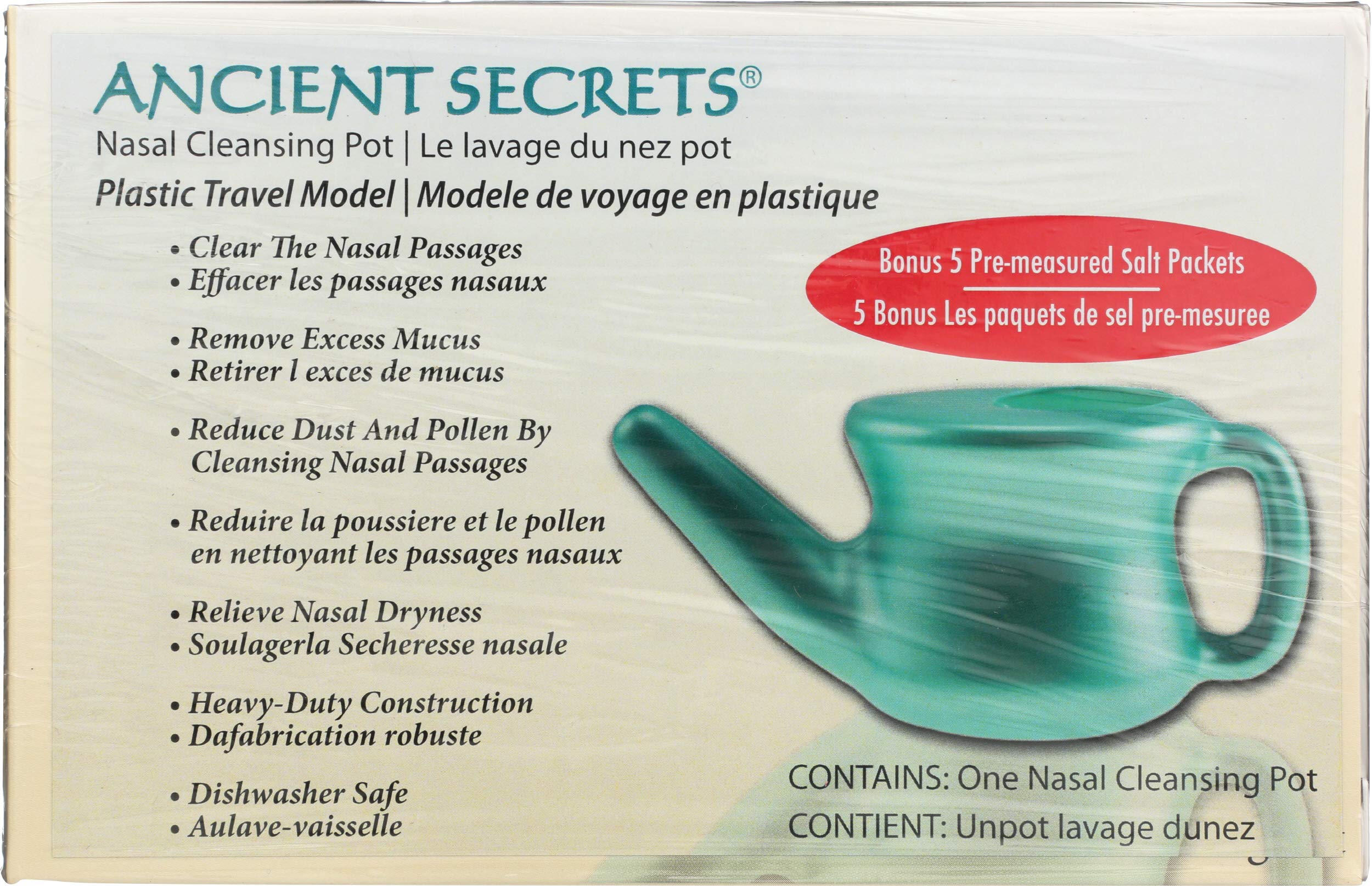 Ancient Secrets Nasal Cleansing Pot - Plastic Travel Size Neti Pot for Sinus Rinse & Nasal Irrigation | Portable Nasal Wash Bottle for Allergy Relief, Cold & Flu Season | Includes Storage Box