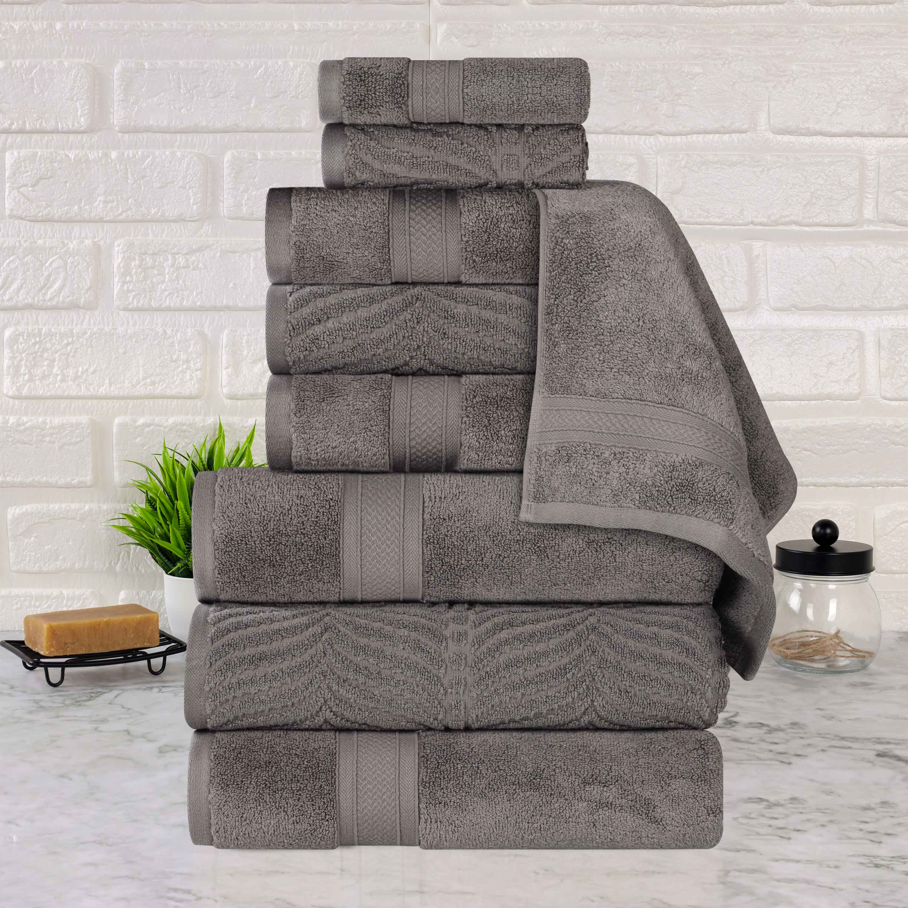 Premium 9-Piece Zero Twist Cotton Towel Set - Solid & Jacquard Elegant Chevron Design for Bath, Spa, and Luxury Home Decor