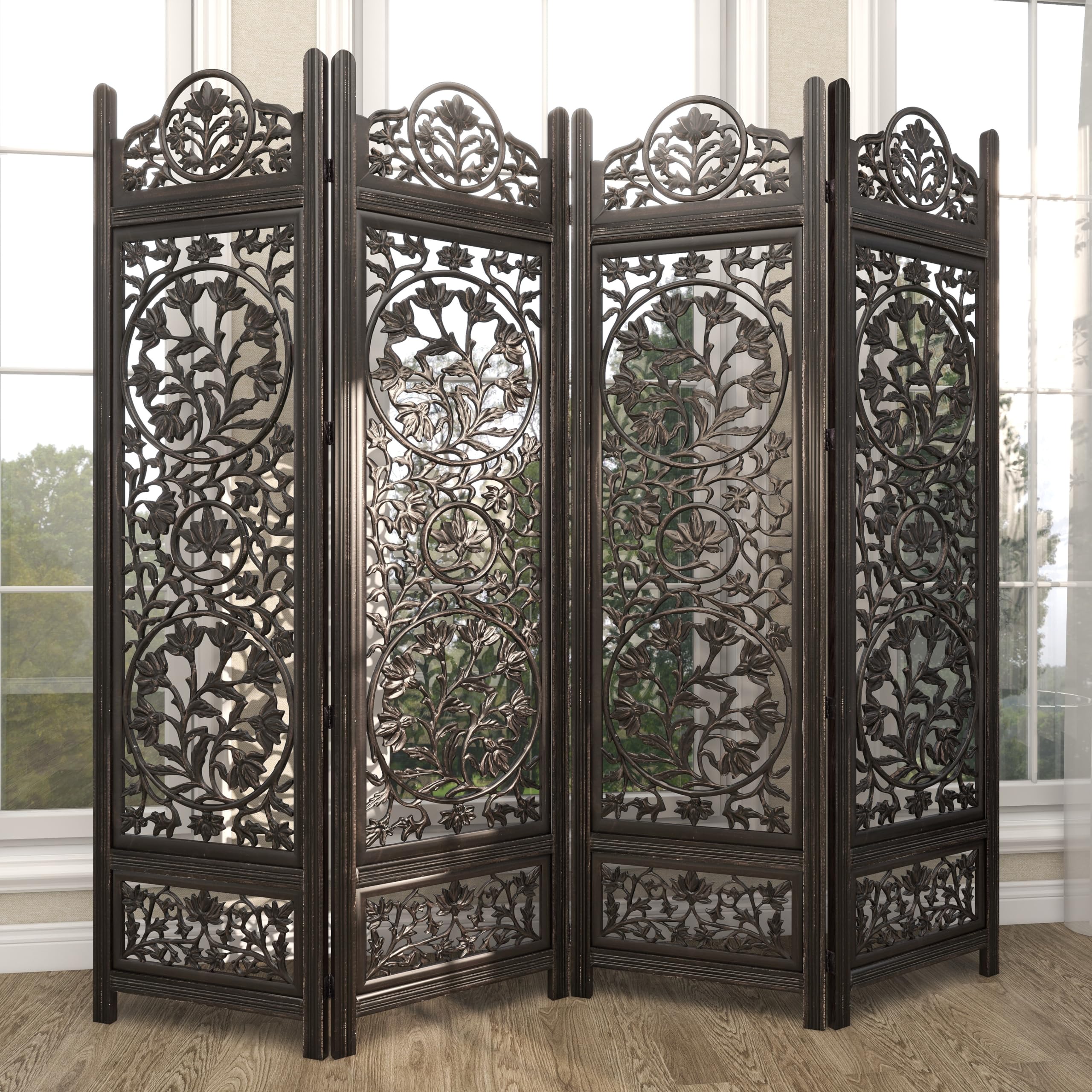 Deco 79 Handmade Wood Floral Room Divider Screen - 4 Panel Foldable Privacy Partition with Carved Design, 80