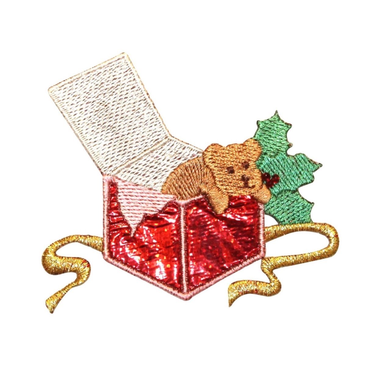 Christmas Puppy in Present Iron-On Embroidered Patch - Holiday Applique for DIY Crafts, Gifts & Clothing Decoration | Perfect for Sweaters, Hats & Bags