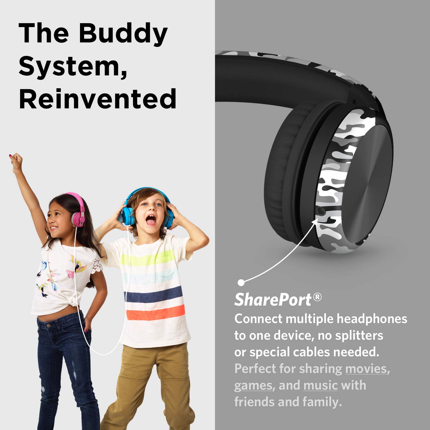 LilGadgets Connect+ Pro Wired Kids Headphones with Microphone - Volume Limiting, Noise Reducing Over-Ear Headset with SharePort Technology & SoftTouch Padding - Snow Camo Design for School, Travel & Home Use