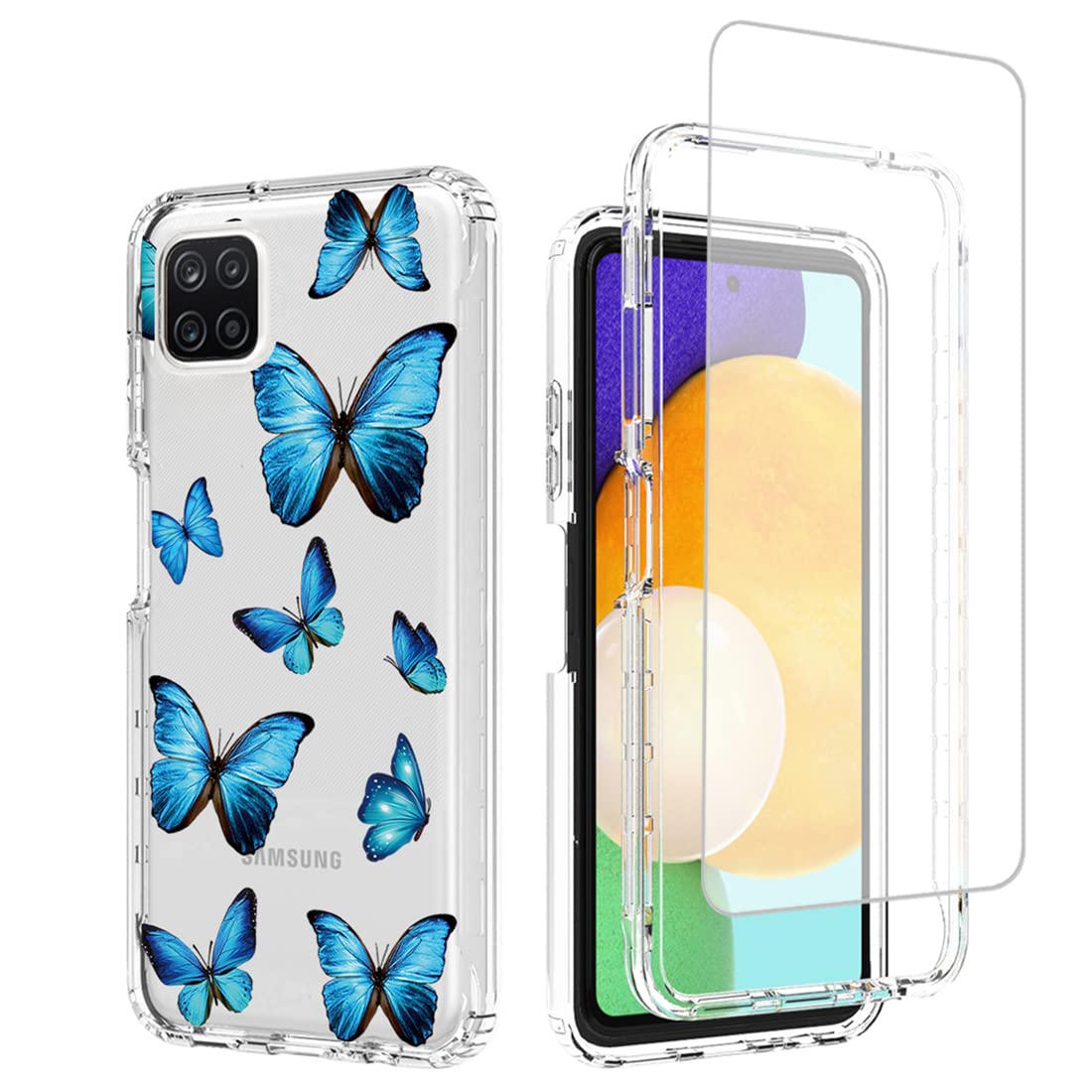 Samsung Galaxy A22 5G Case with Tempered Glass Screen Protector - Clear Butterfly Pattern Full Body Protective Cover for SM-A226B/A22S 5G (Blue Butterfly) | Perfect for Everyday Use, Travel & Outdoor Activities