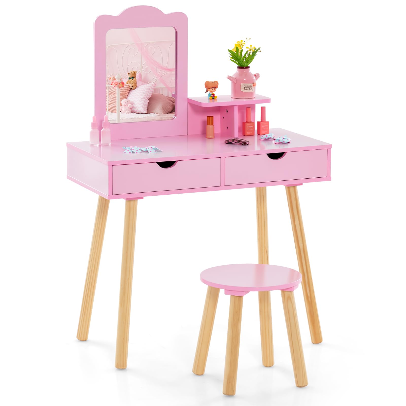 Olakids 2-in-1 Wooden Princess Vanity Set with Mirror & Storage - Kids Makeup Table & Chair, Toddler Dressing Desk Toy for Girls - Perfect for Pretend Play, Birthday Gifts & Bedroom Decor (Pink)