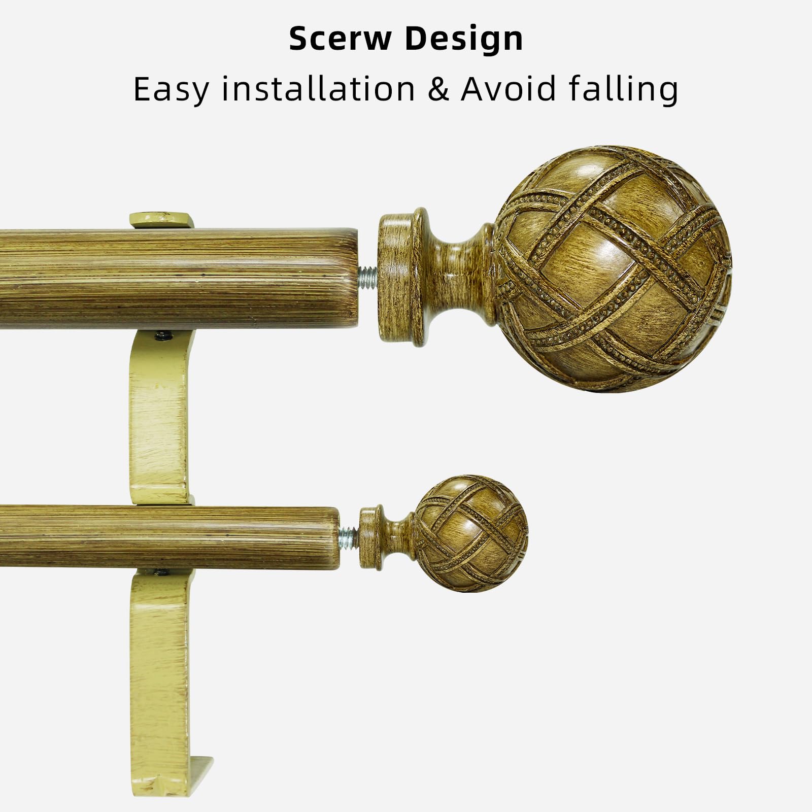 Ycolnaefllr 1 Inch Double Curtain Rod Set - Adjustable 66 to 120 Inches for Windows, Heavy Duty Drapery Rod with Resin Finials & Holdbacks (Burlywood) - Perfect for Living Room, Bedroom & Home Decor