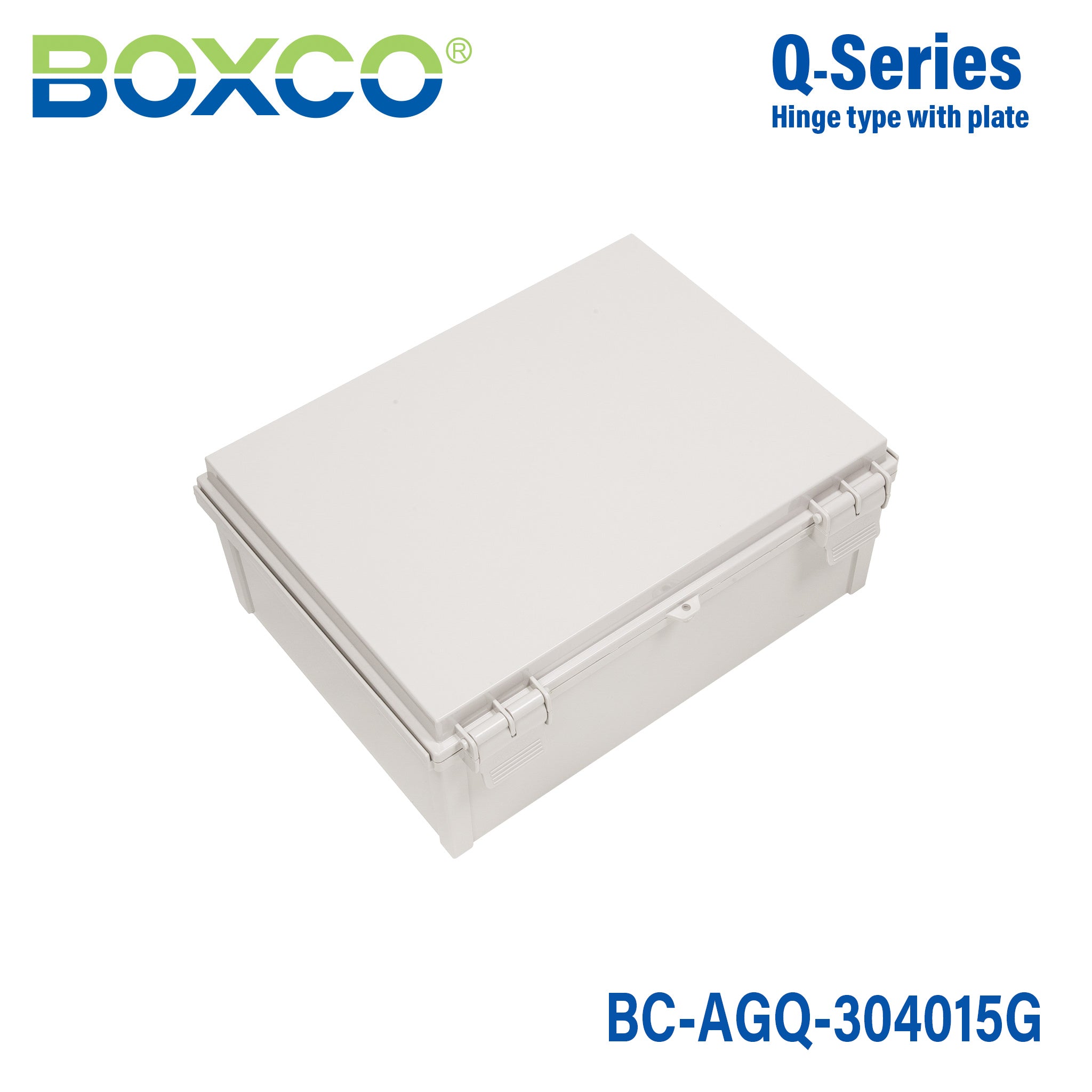 Boxco Q Series 11.81 x 15.75 x 5.91 Inches (300 x 400 x 150mm) Waterproof Plastic Enclosure - IP67 Rated, IK08 Impact Resistant, ABS Material with Grey Hinged Cover & Mounting Plate - Ideal for Outdoor Electronics, Industrial Equipment & Electrical Components Protection