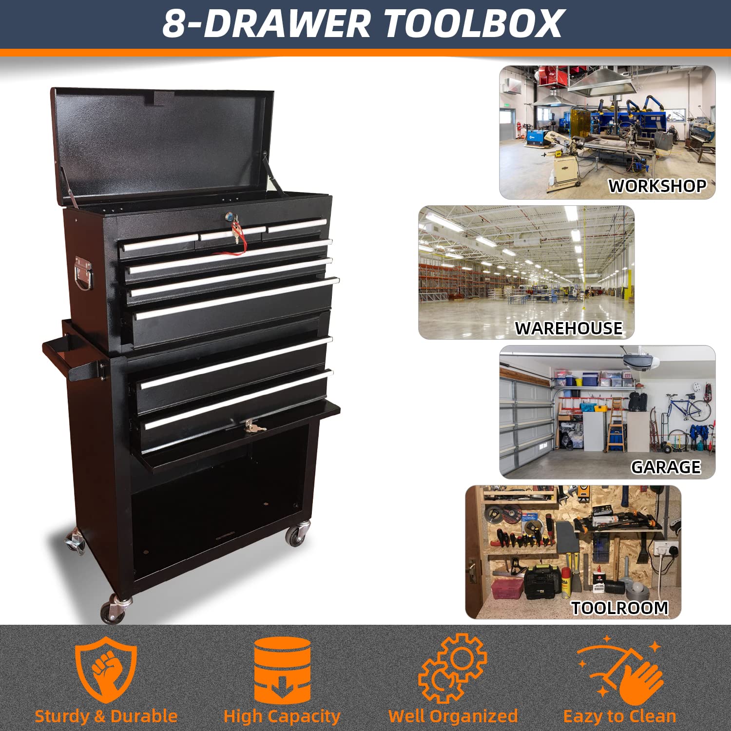8-Drawer Heavy Duty Rolling Tool Chest with Wheels - Large Capacity Tool Storage Cabinet & Removable Tool Box Combo for Garage, Workshop, and DIY Projects - Perfect for Mechanics, Carpenters, and Home Improvement