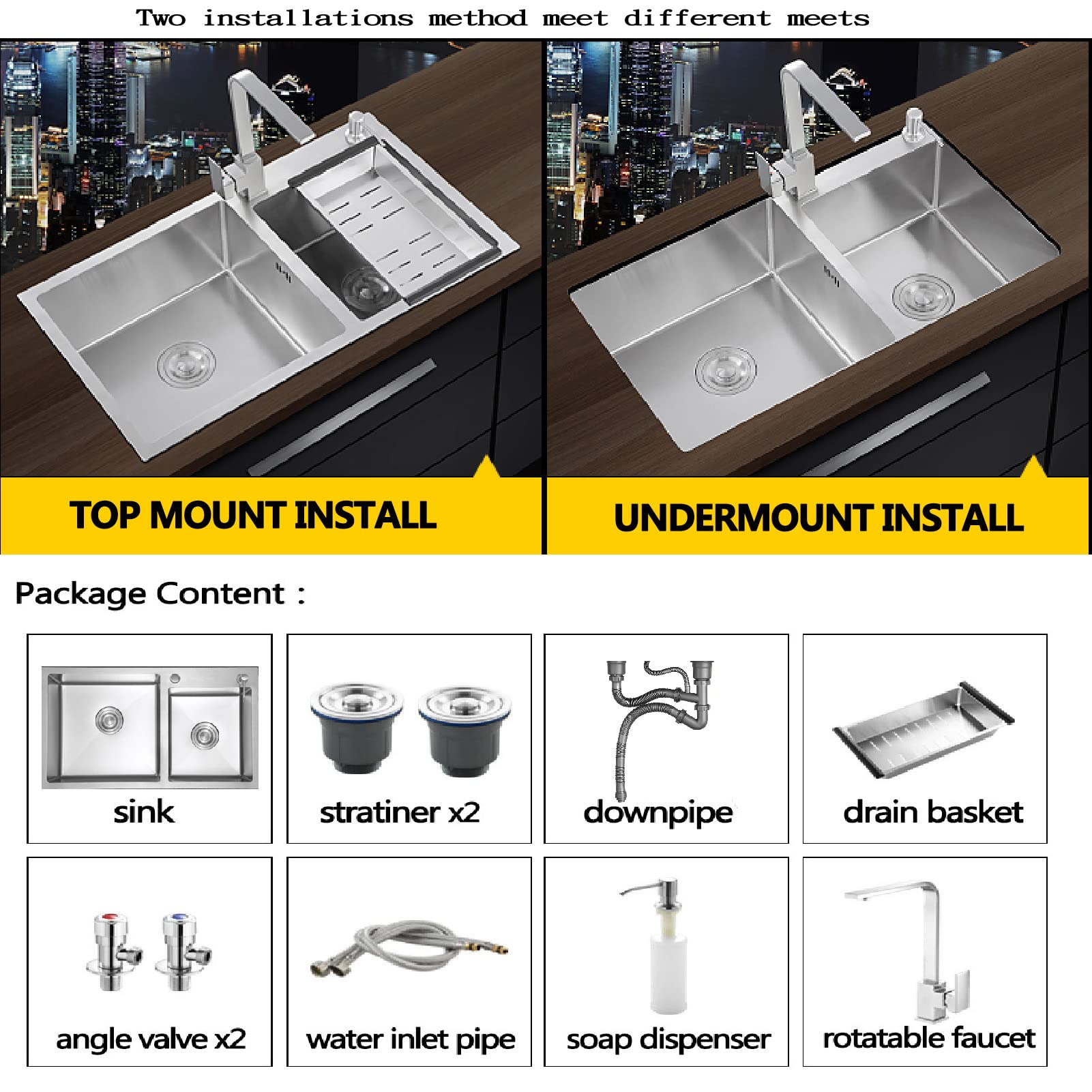 Stainless Steel Undermount Double Bowl Kitchen Sink with Workstation & Faucet Combo - Large Capacity 2-Compartment Top Mount Sink for Home Kitchens & Bars | Perfect for Meal Prep, Dishwashing & Entertaining
