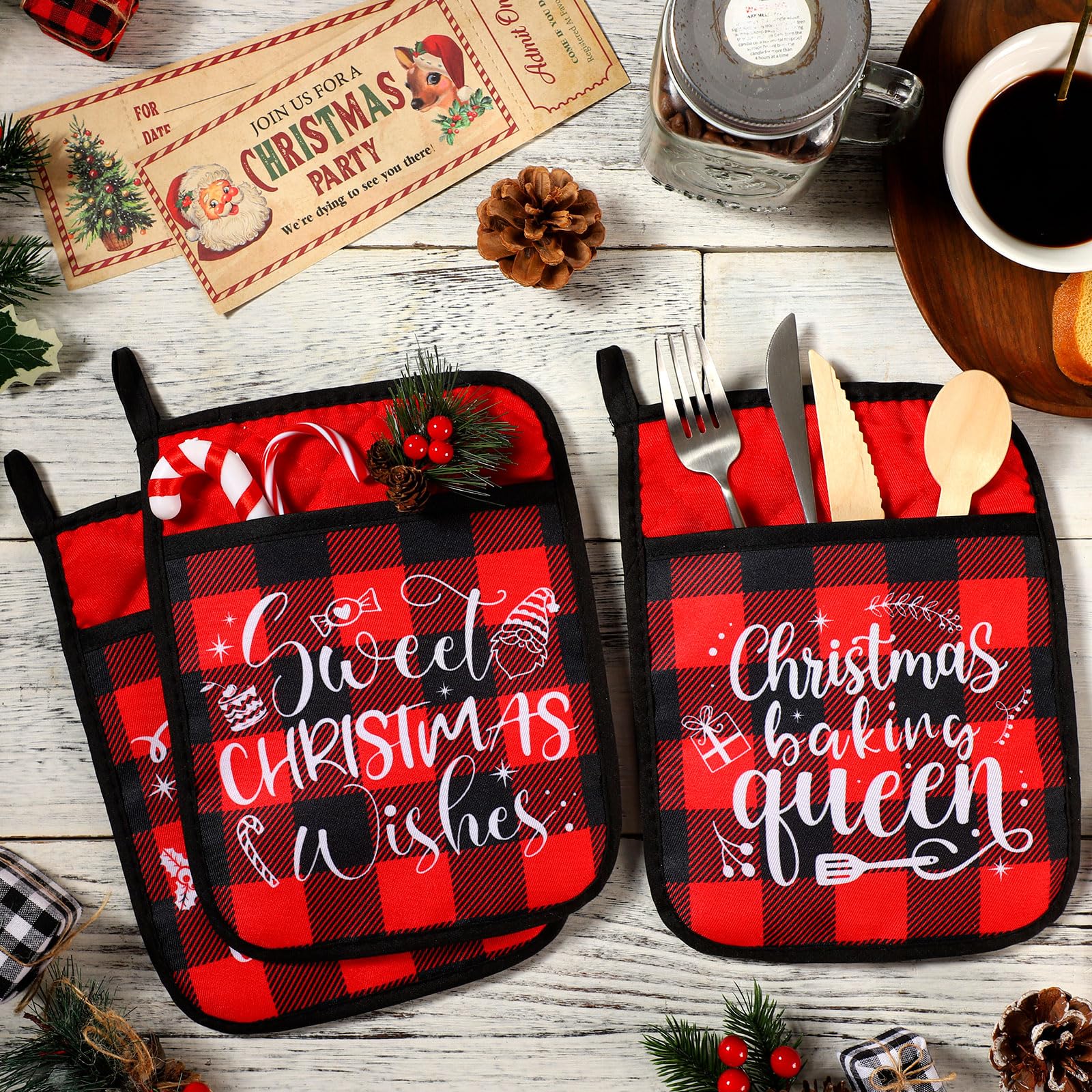 Yaomiao 10 Pcs Christmas Pot Holders with Pocket - Heat Resistant Oven Mitts & Hot Pads for Baking, Cooking, and Kitchen Use - Perfect Holiday Gift (Red, Black, Plaid) - Ideal for Christmas Decor, Cookie Baking, and Hostess Gifts