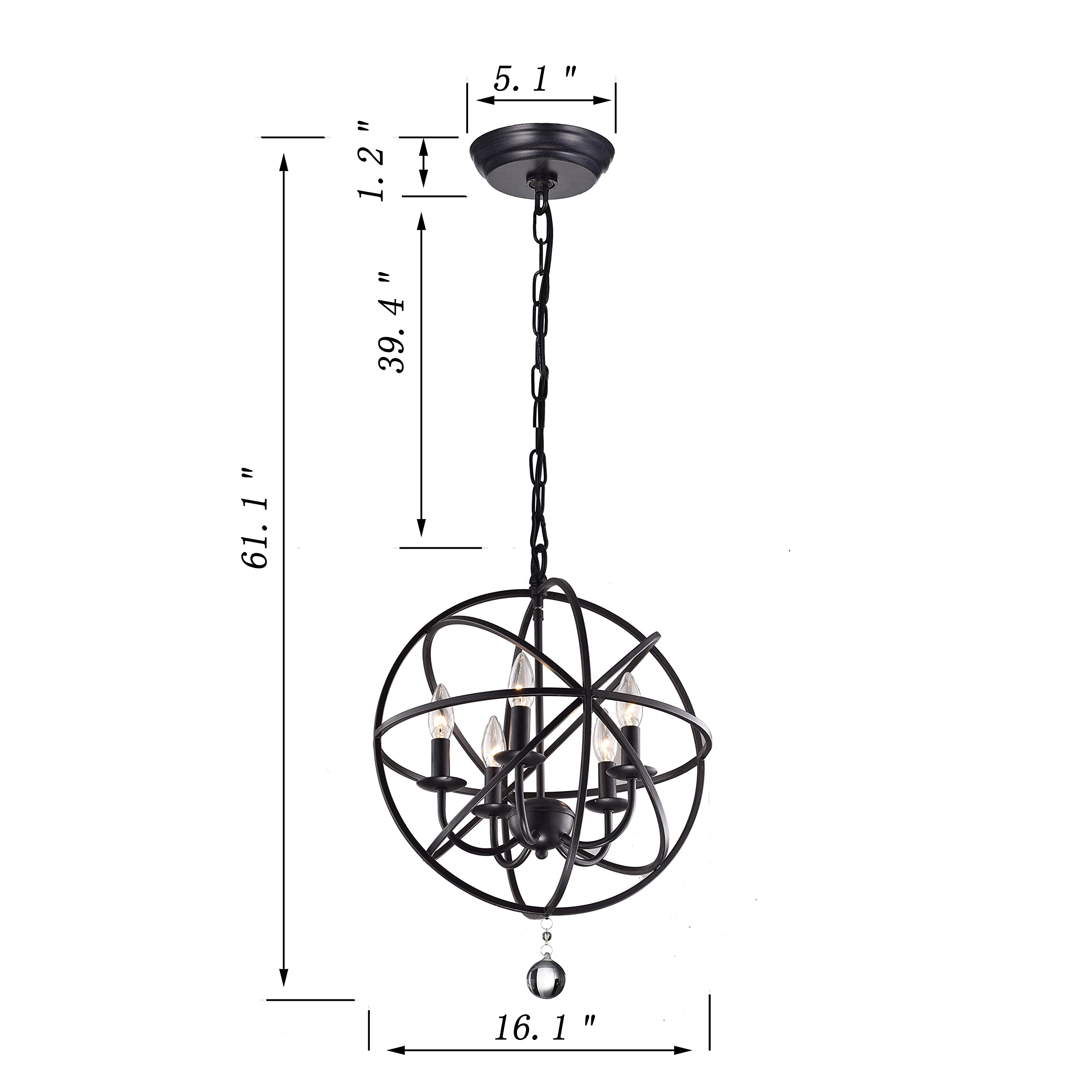 5-Light Globe Chandelier with Black Finish - Elegant Candle Style Ceiling Light Fixture for Dining Room, Bedroom, Bathroom & Hallway - 16.2