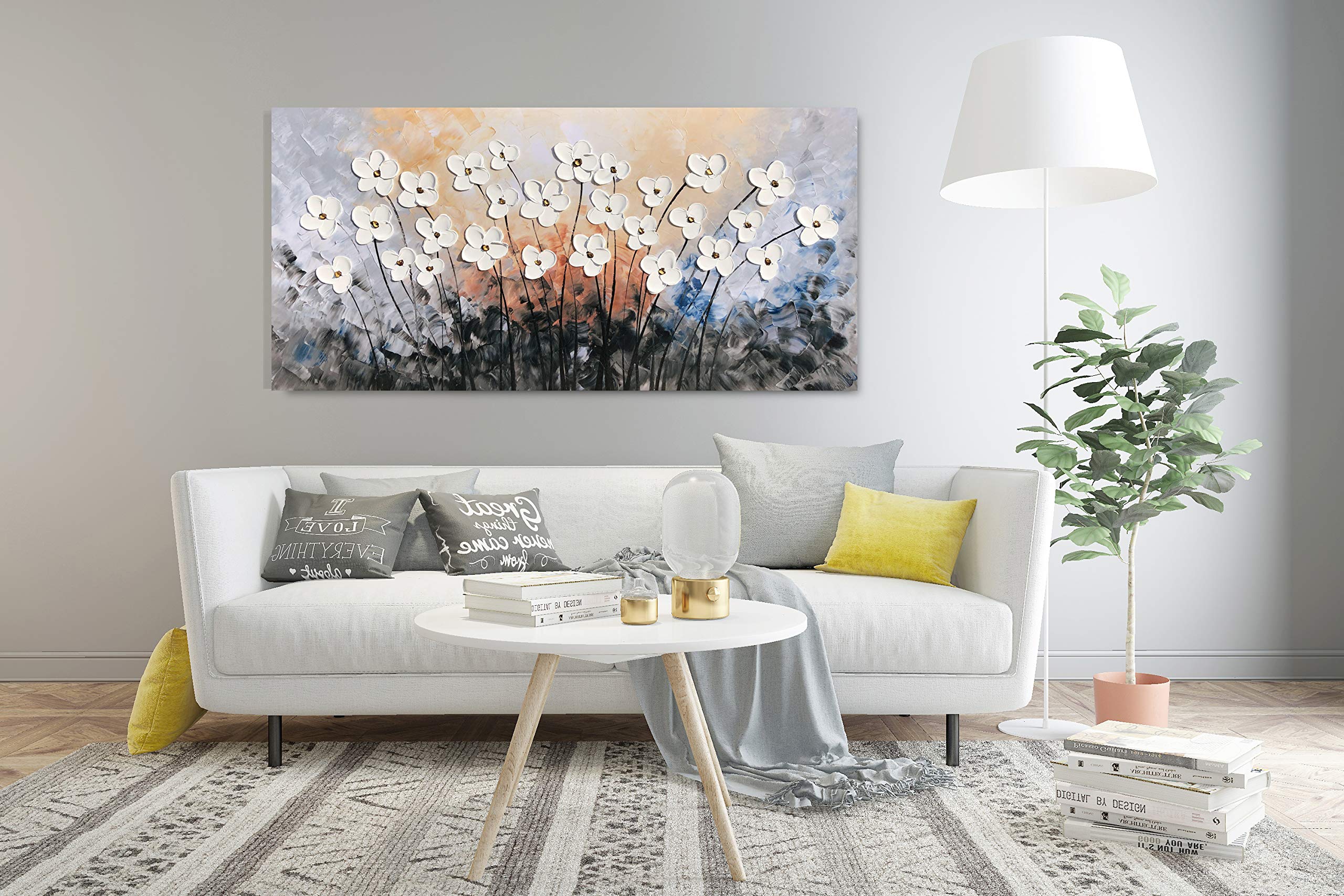 Yihui Arts Floral Paintings Canvas Wall Art - Contemporary Grey Framed Canvas Print for Living Room, Bedroom & Office Decor - Ready to Hang Modern Home Artwork