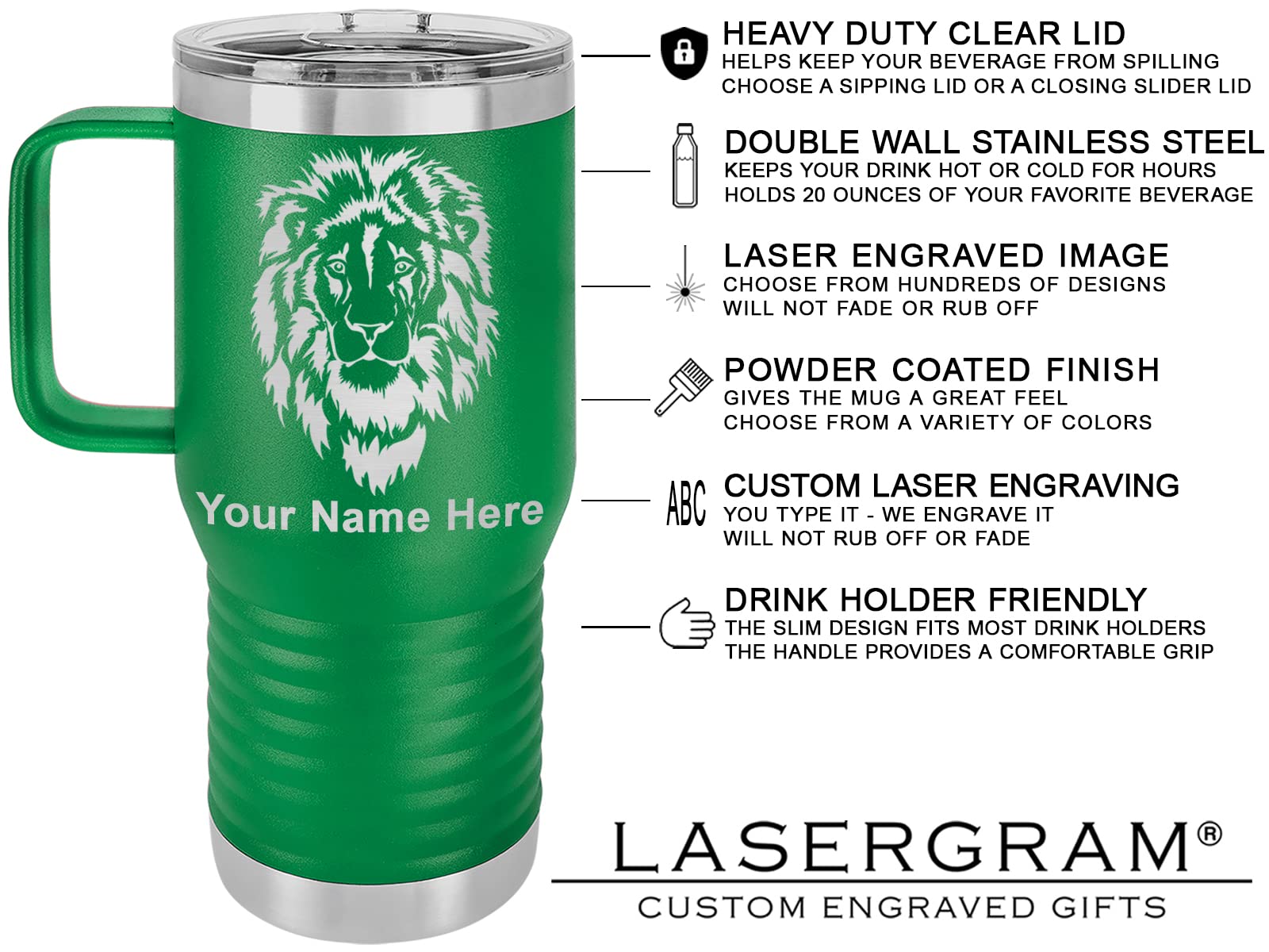 LaserGram 20oz Vacuum Insulated Stainless Steel Travel Mug with Handle - Custom Engraved Pirate Skull Design (Green) | Leakproof Coffee Thermos for Commuting, Camping & Office Use
