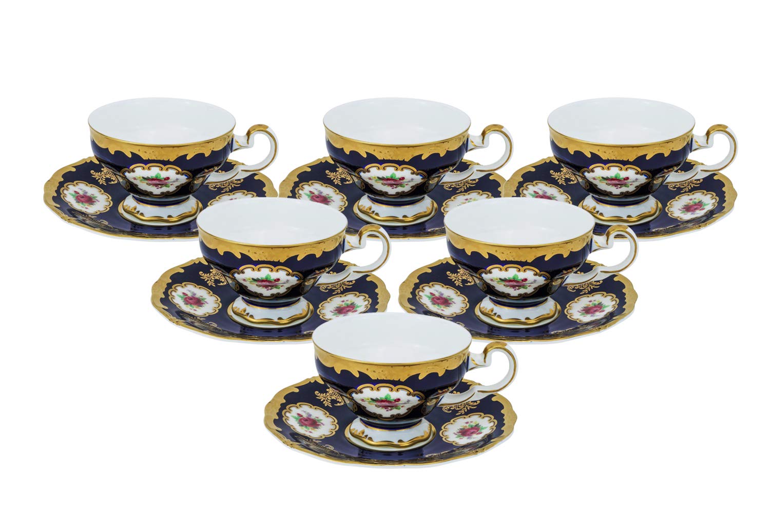 Royal Porcelain 12-Piece Tea Set with Blue and Pink Roses - 6 Cups & 6 Saucers - Premium Bone China - Elegant Afternoon Tea & Special Occasions