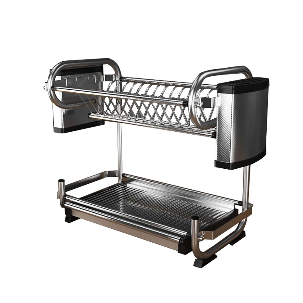Stainless Steel 2-Tier Dish Drying Rack with Removable Drain Board & Utensil Holder - Space Saving Kitchen Counter Organizer for Plates, Cups & Cutlery | Durable Non-Slip Design for Daily Dish Drying & Storage
