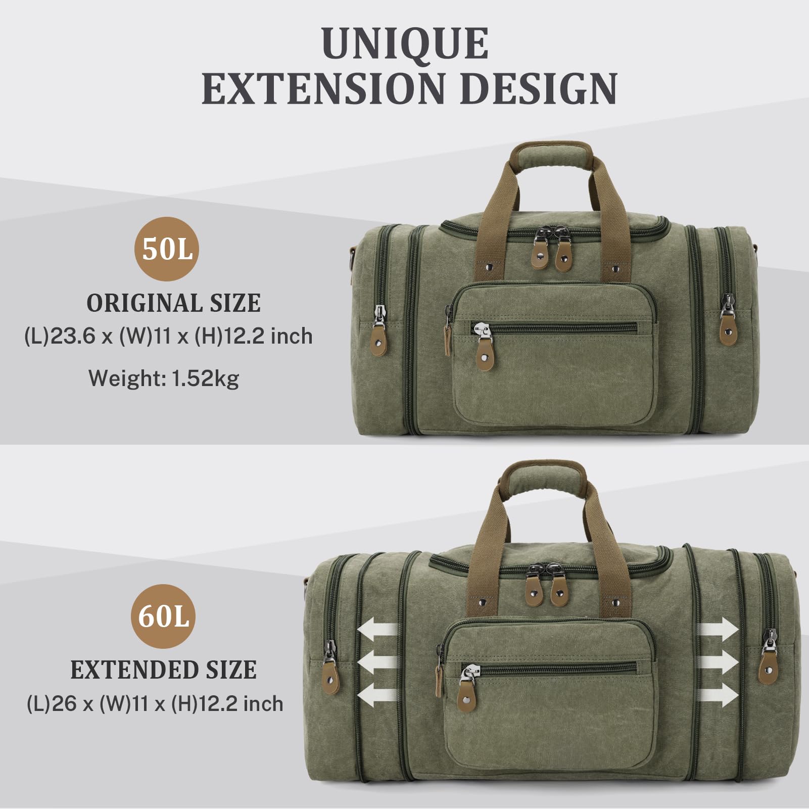 Gonex 60L Canvas Duffle Bag - Army Green Travel Duffel for Gym, Camping & Weekend Getaways | Water-Resistant Carry-On Luggage for Men & Women