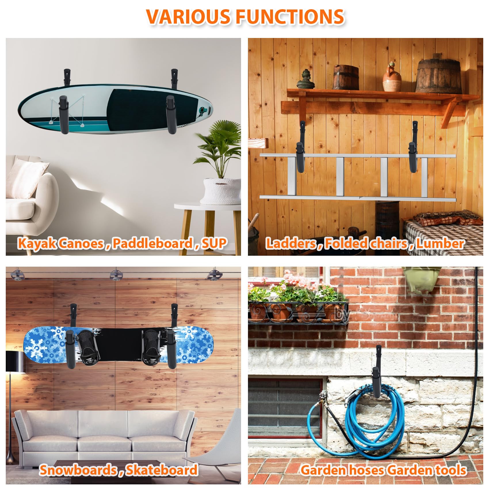 **Heavy Duty Kayak Wall Mount Storage Rack - 4 Pack with Straps, 100 LB Capacity - Perfect for Garage, Paddle Boards, Surfboards, Bikes, Ladders, SUP & Snowboards (Ideal for Outdoor Gear Organization & Space Saving)**