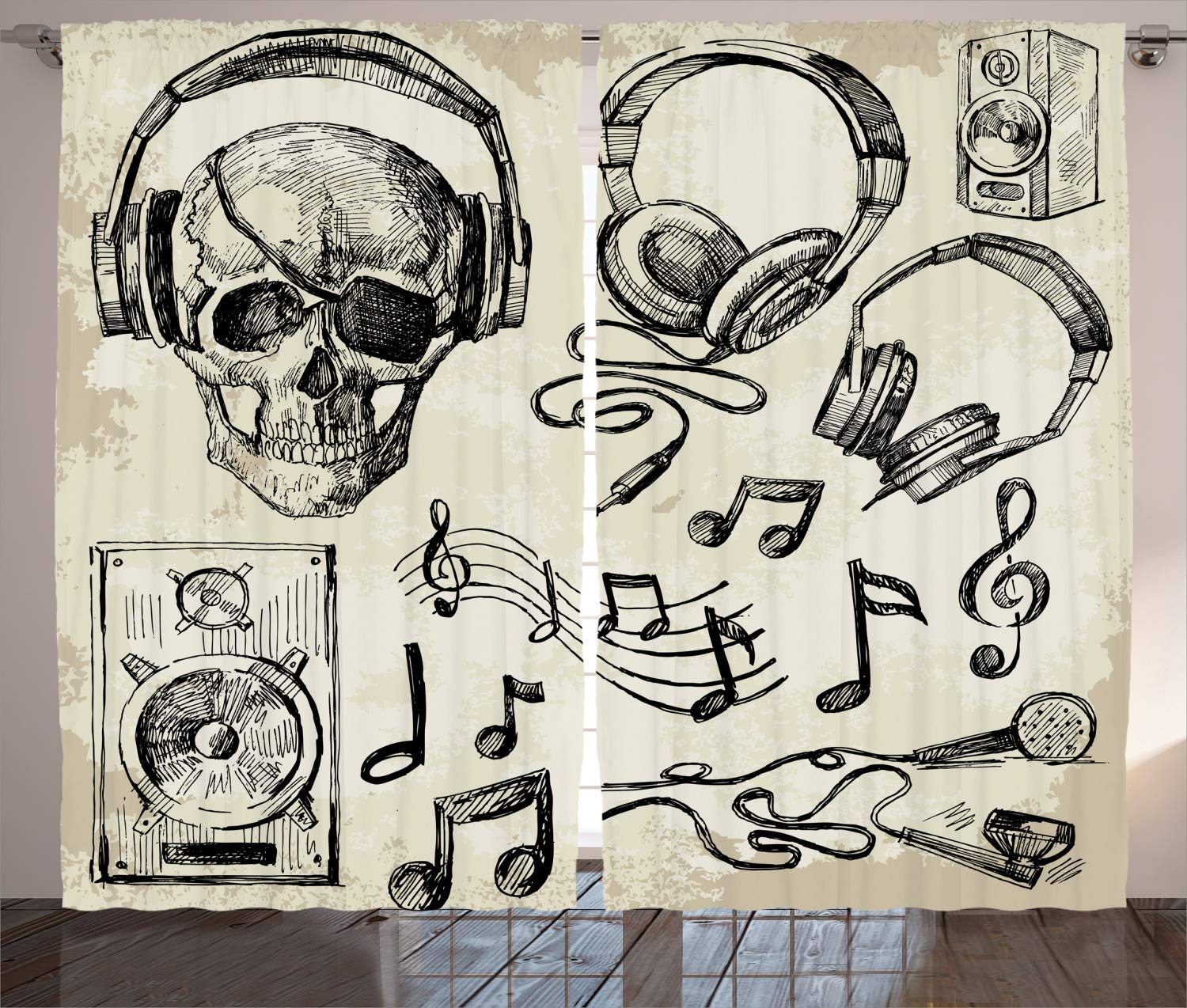 Ambesonne Music Themed Curtains - Hipster Skull with Headphones, Record Player & Mic Print - 2 Panel Set for Living Room & Bedroom - 108