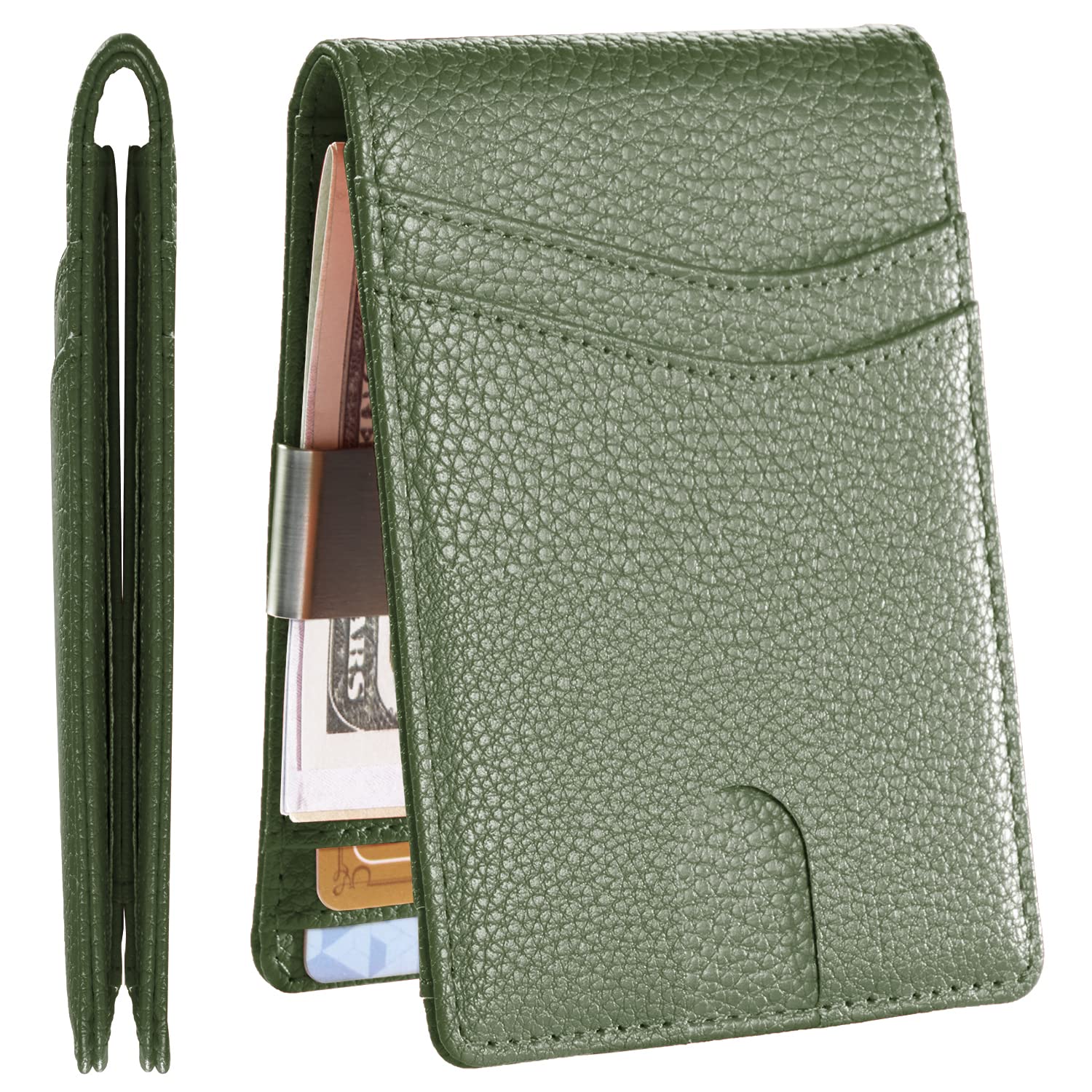 Minimalist Slim Leather Wallet for Men - RFID Blocking Bifold Wallet with Money Clip | Premium Front Pocket Wallet (Lychee Olive Green) | Perfect for Everyday Carry, Travel & Business