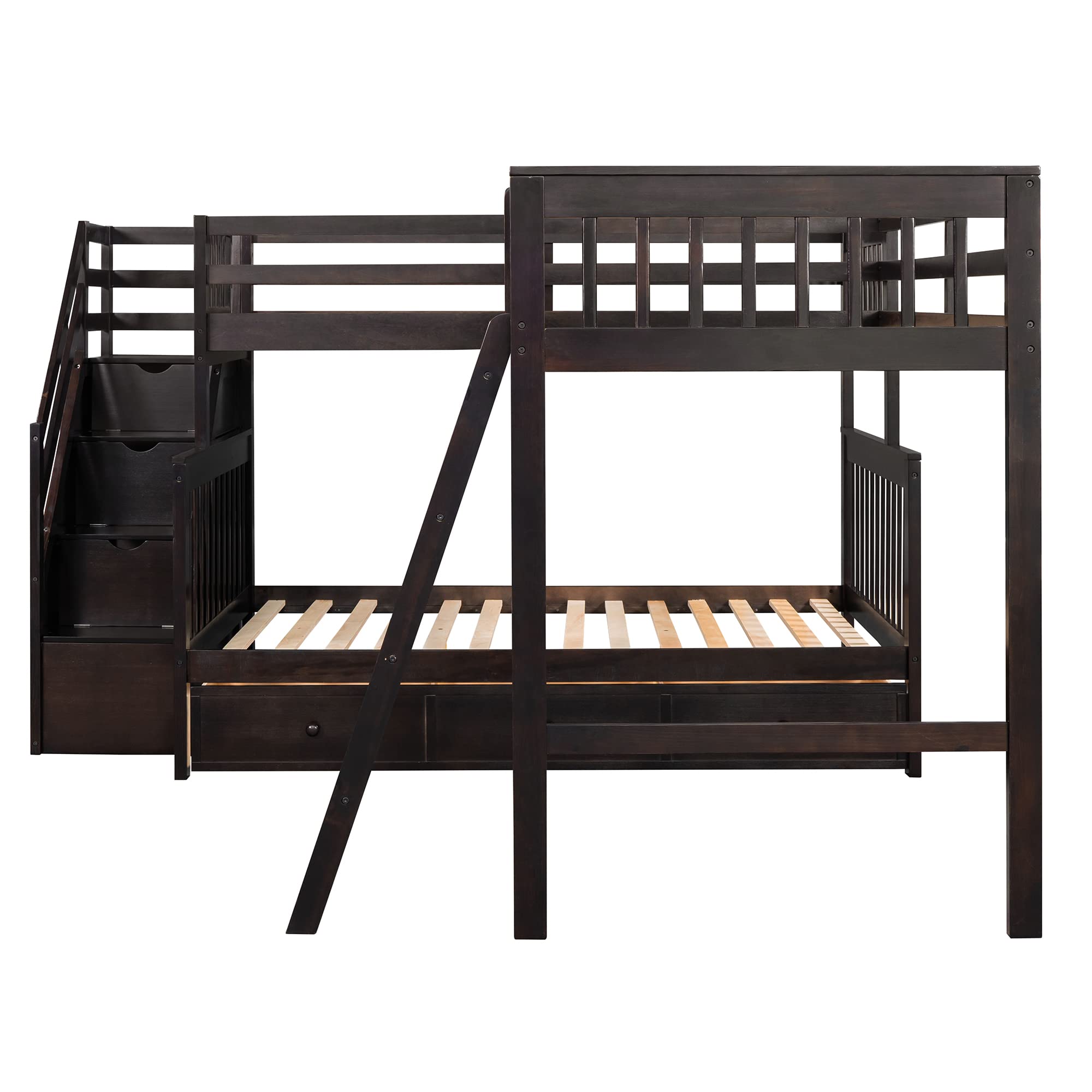 **Solid Wood Triple Bunk Bed for Kids - Twin Over Full with 3 Drawers, Ladder & Staircase - Sturdy 3-Tier Bed Frame for Siblings - Perfect for Small Bedrooms & Shared Kids' Rooms (Brown)**