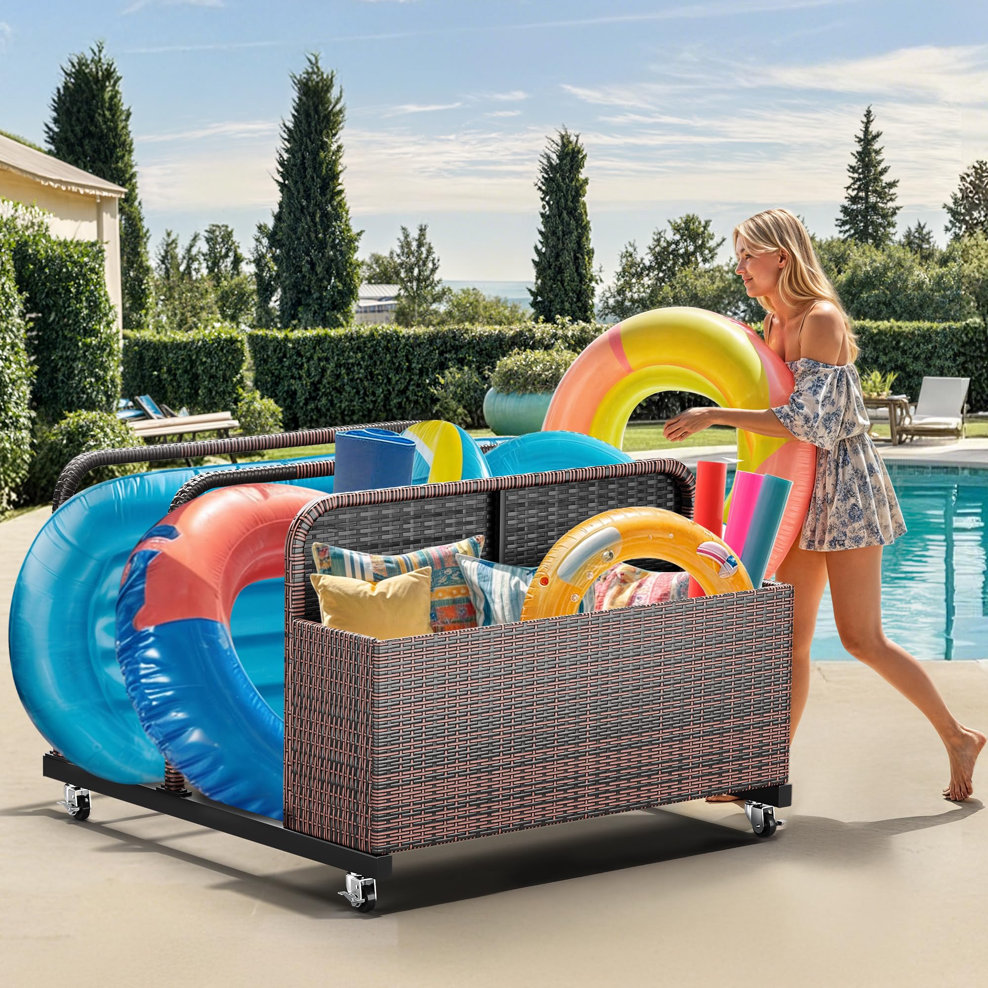 YITAHOME Outdoor Wicker Patio Poolside Float Storage Organizer - PE Rattan Rolling Pool Float Caddy for Cushions, Floaties, Noodles, Life Vests, Beach Balls & Toys - Perfect for Pool, Beach, Backyard & Patio Furniture Storage (Brown)