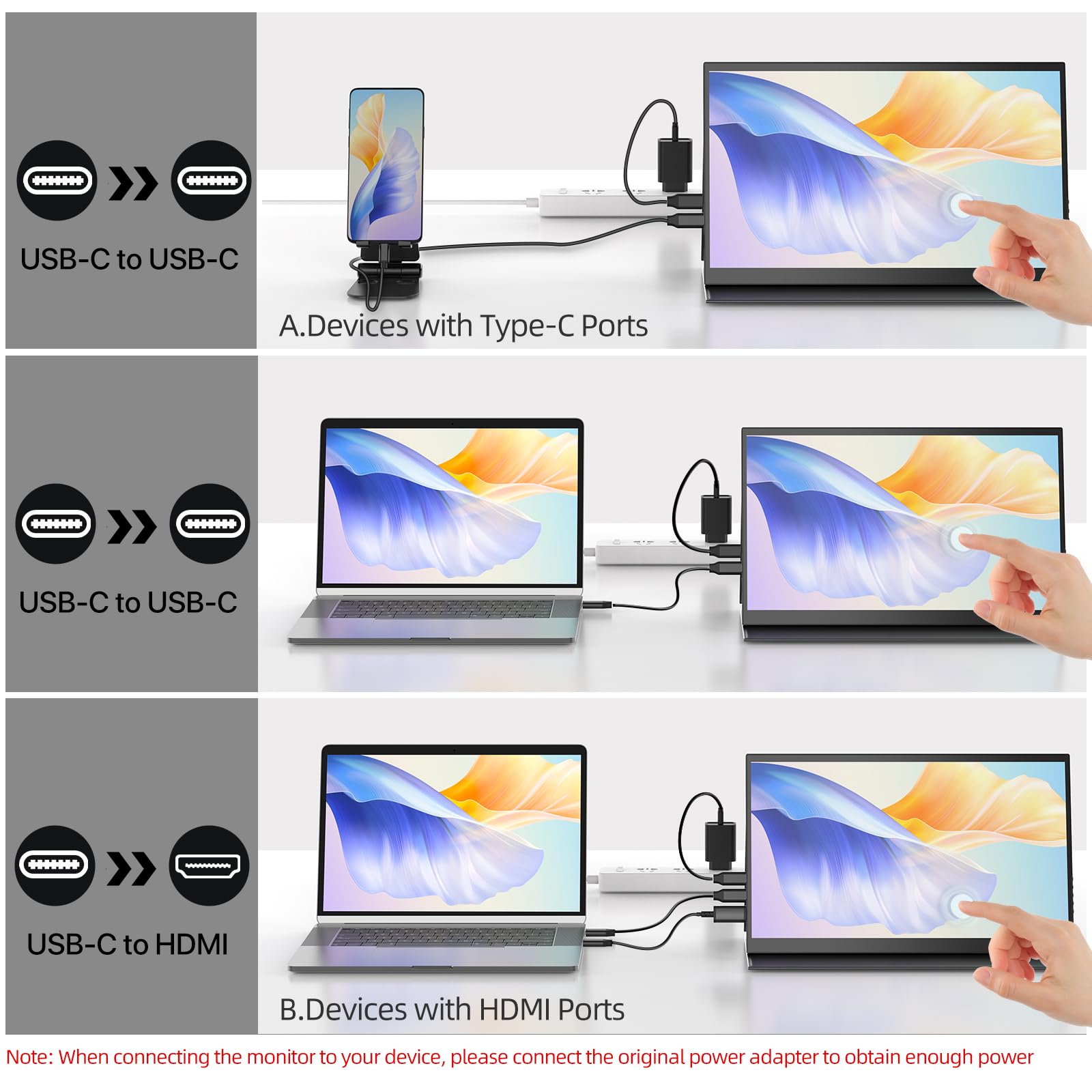 UPERFECT 14 Zoll Tragbarer Touchscreen Monitor, 1920×1080 FHD IPS Ultra-Dünner Zweitbildschirm für Laptop, Smartphone & Spielkonsole, VESA-Montage, Ideal für Büro, Gaming & Unterwegs