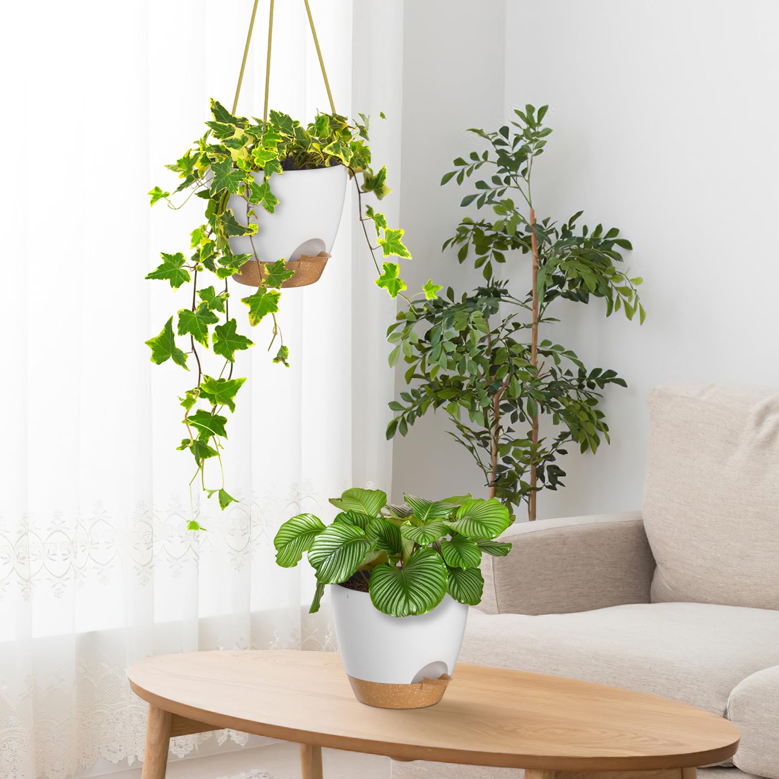 ZMTECH 8 Inch Self Watering Hanging Planters - 2 Pack Indoor Outdoor Plastic Flower Pots with Drainage Holes & Removable Saucer - Perfect for Balcony, Patio, Garden Decor (White)