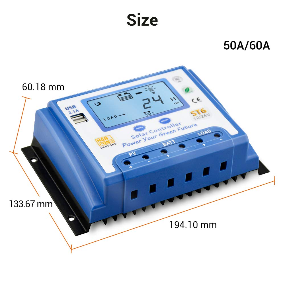 60A MPPT Solar Charge Controller 12V/24V Auto-Switch, Solar Panel Regulator with Dual 5V USB Ports & LCD Display - Perfect for RV, Boat, Off-Grid Power Systems & Solar Panel Kits