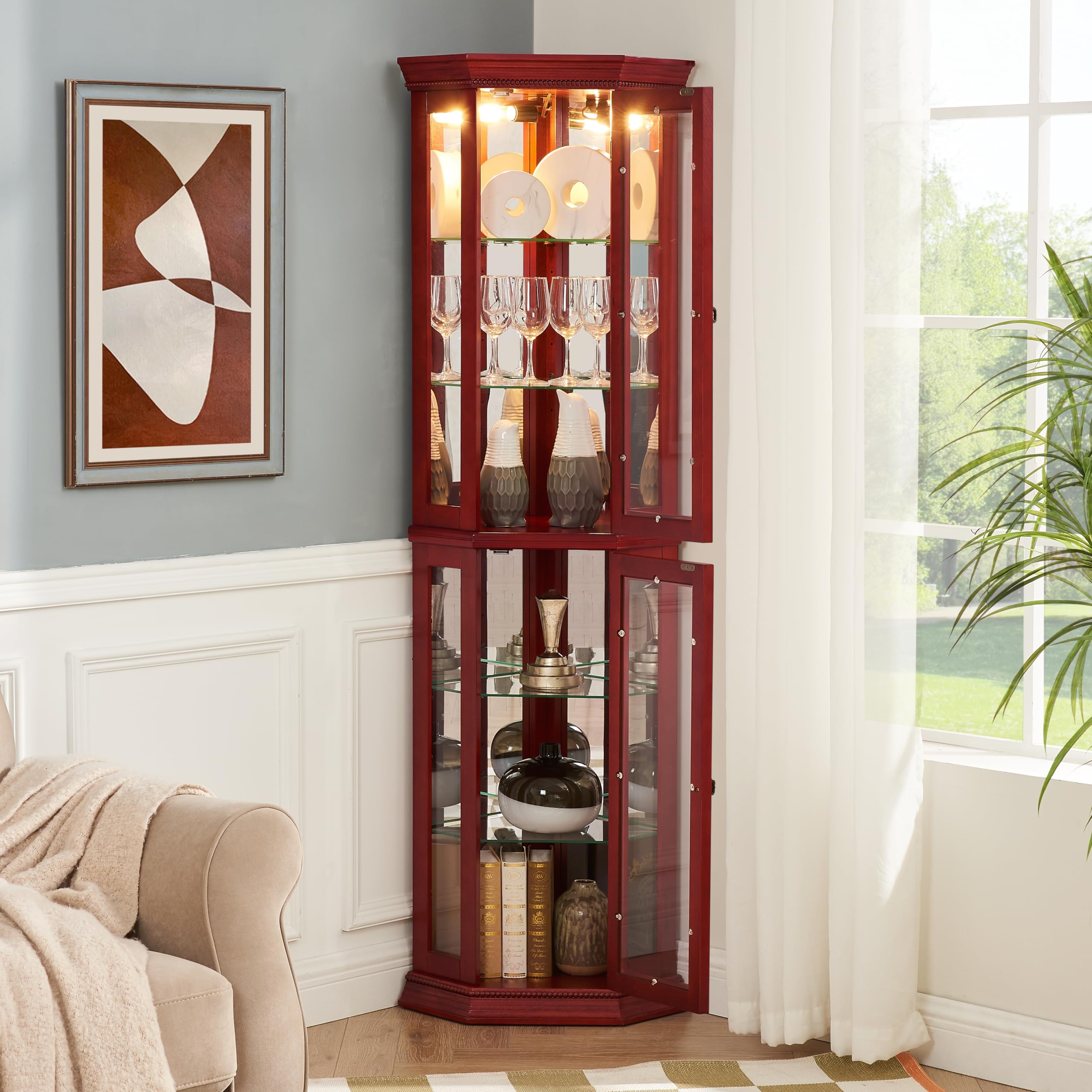 Tall Corner Display Cabinet with Glass Doors & Adjustable Shelves - Lighted Curio Cabinet for Home Office, Bar Liquor Storage, Medal Display & Collectibles - Cherry Wood Floor Standing Cabinet for Living Room, Dining Room or Study Decor