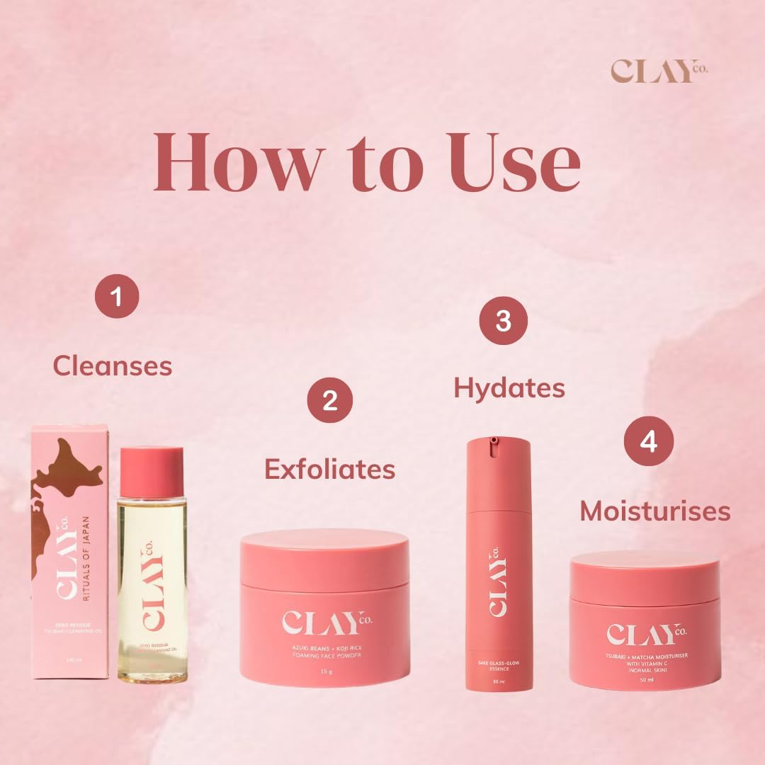 CLAYCO Kyoto AM/PM Skincare Set for Normal Skin - Japanese Beauty Routine with Sake Essence, Tsubaki Cleansing Oil, Azuki Bean Face Wash & Matcha Moisturizer | Daily Hydration & Radiance Boost for Glowing Skin
