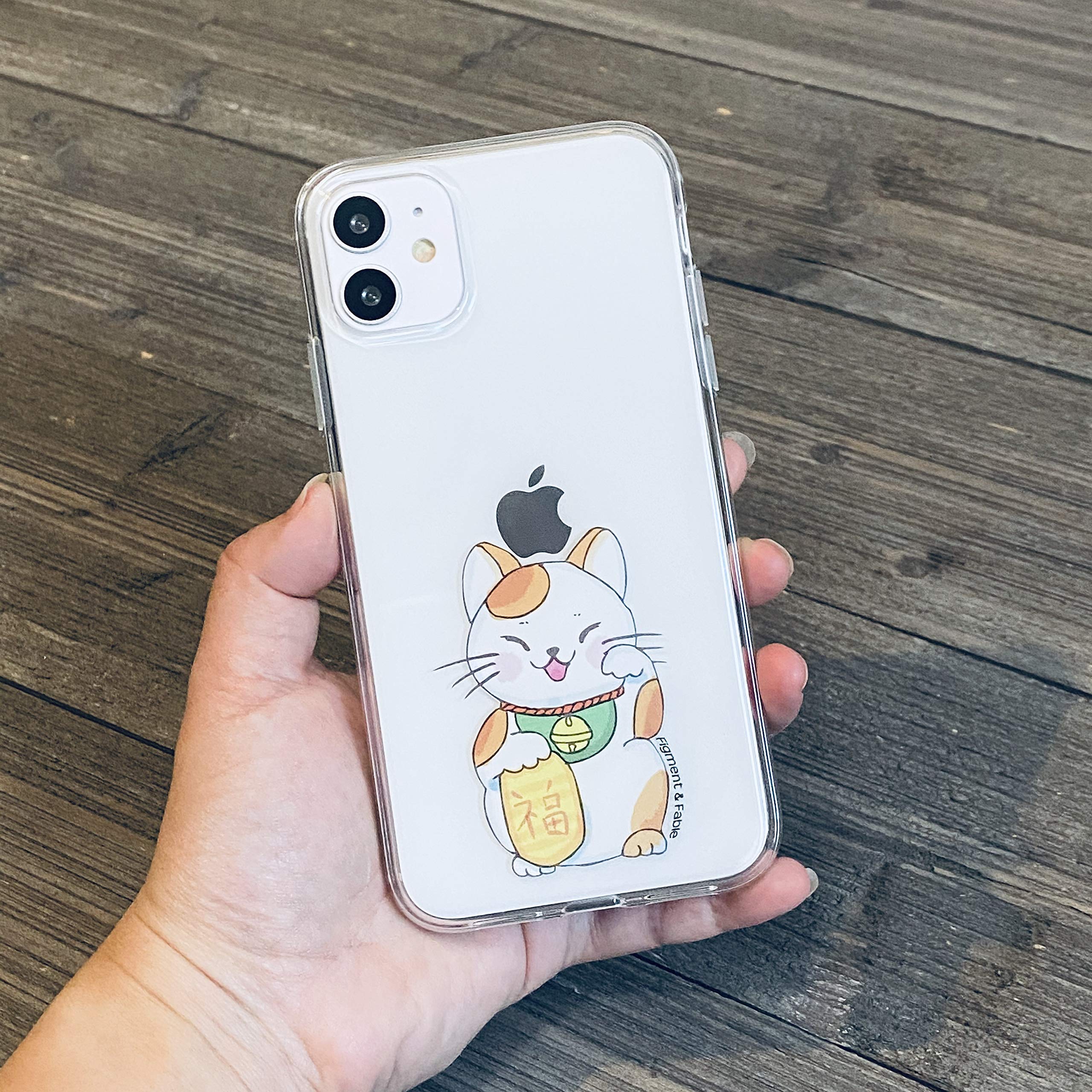 Figment & Fable Clear TPU Phone Case for iPhone 15 Pro Max 14 13 12 Mini 11 SE 6 7 8 Plus - Lucky Maneki Neko Fortune Cat Design | Slim Protective Cover for Daily Use & Gifting