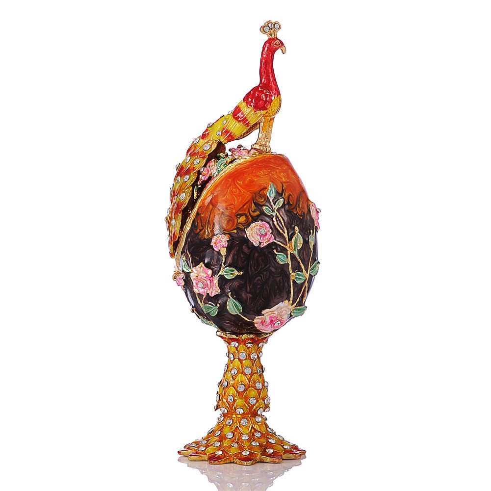 QIFU Hand-Painted Orange Peacock Easter Egg Enamel Jewelry Box - Unique Gift for Women, Mothers, Collectors | Perfect for Easter Decor, Home Display & Jewelry Storage