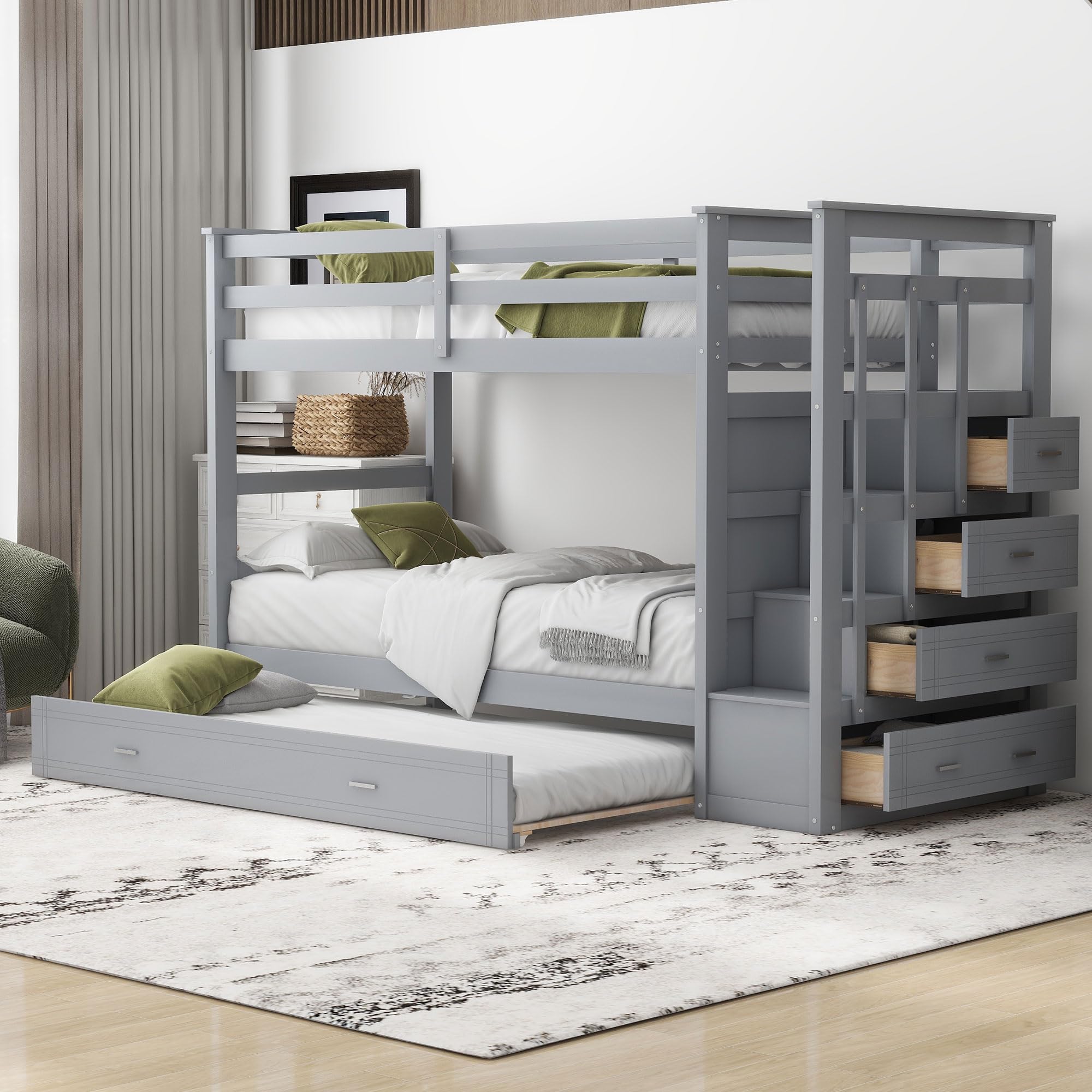 Harper & Bright Designs Twin Over Twin Wooden Bunk Beds with Trundle & Storage Drawers - Staircase Bunk Bed Frame with High Safety Guardrail for Kids, Teens & Adults (Grey) - Perfect for Small Bedrooms, Guest Rooms & Vacation Homes