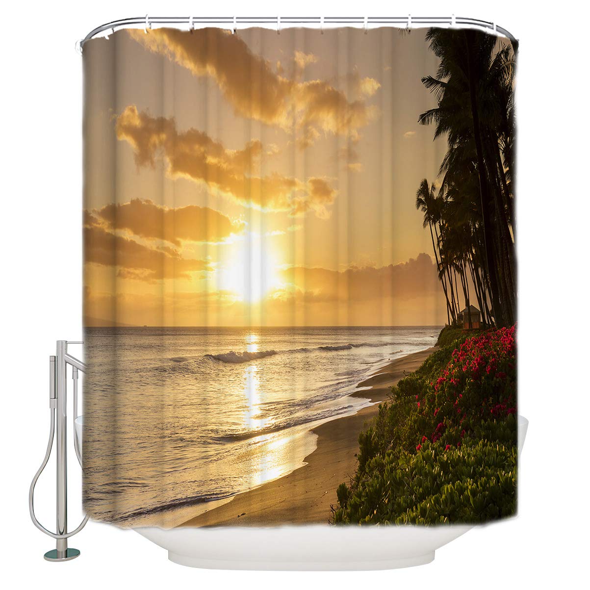 Ocean Beach Sunset Shower Curtain 72x96 Inches - Polyester Fabric Bathroom Decor with Hooks | Coastal Themed Bathroom Accessories for Beach House, Vacation Rental & Nautical Bathroom Design