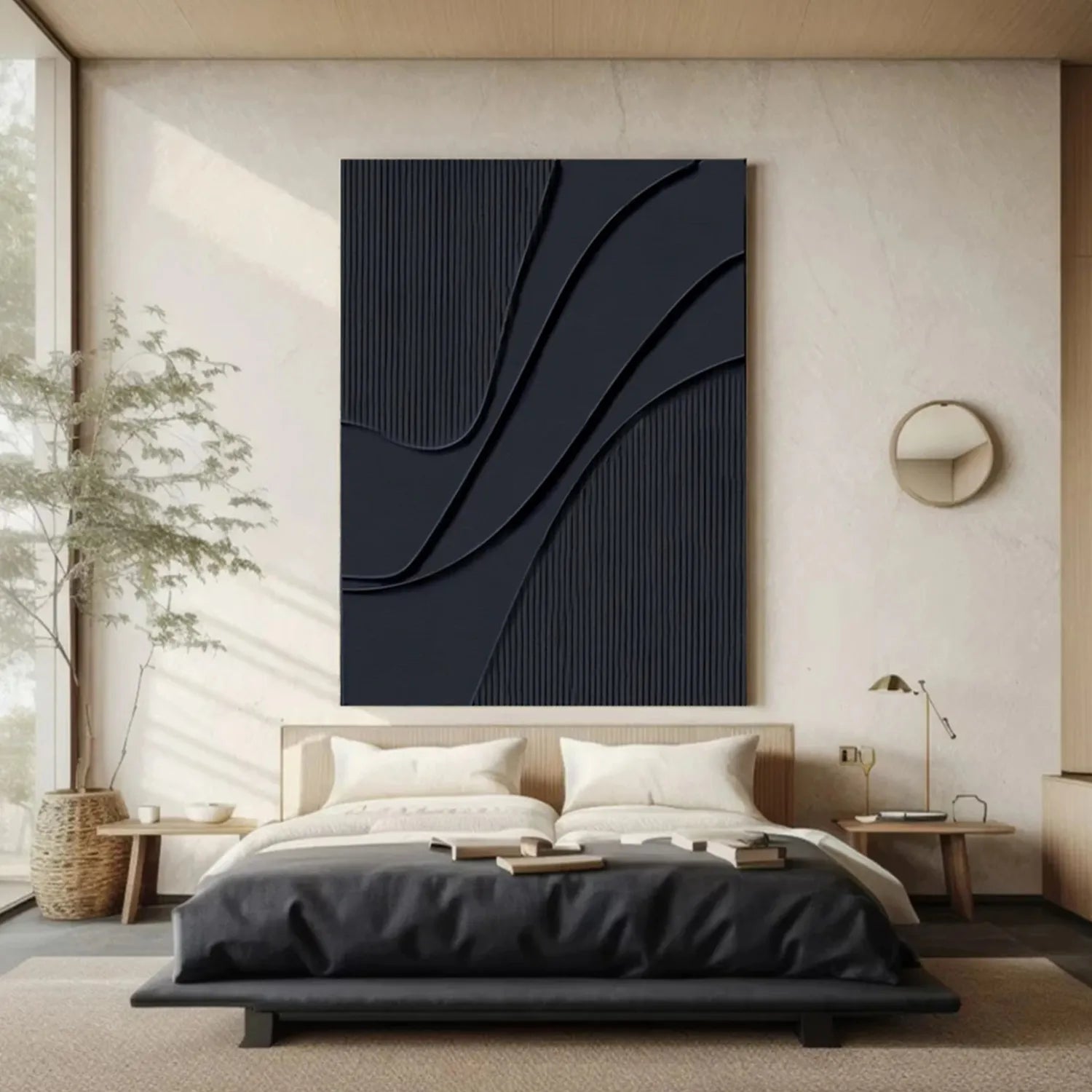 Black Minimalist Textured Painting Canvas - Modern Abstract Wall Art for Home & Office Decor | Premium Quality Stretched Canvas #MZ092